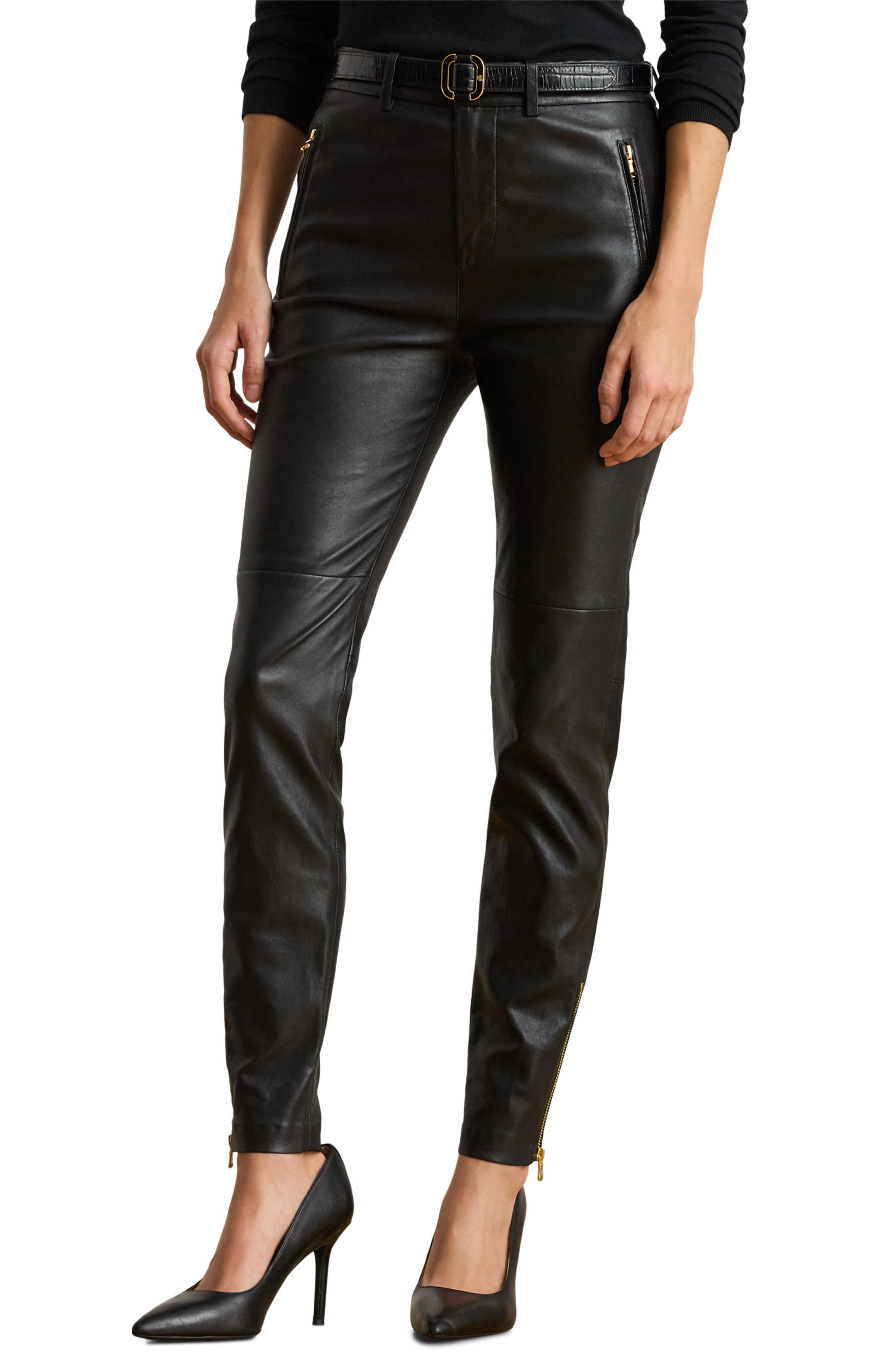 Belted High Waist Leather Ankle Slim Pants - image 1