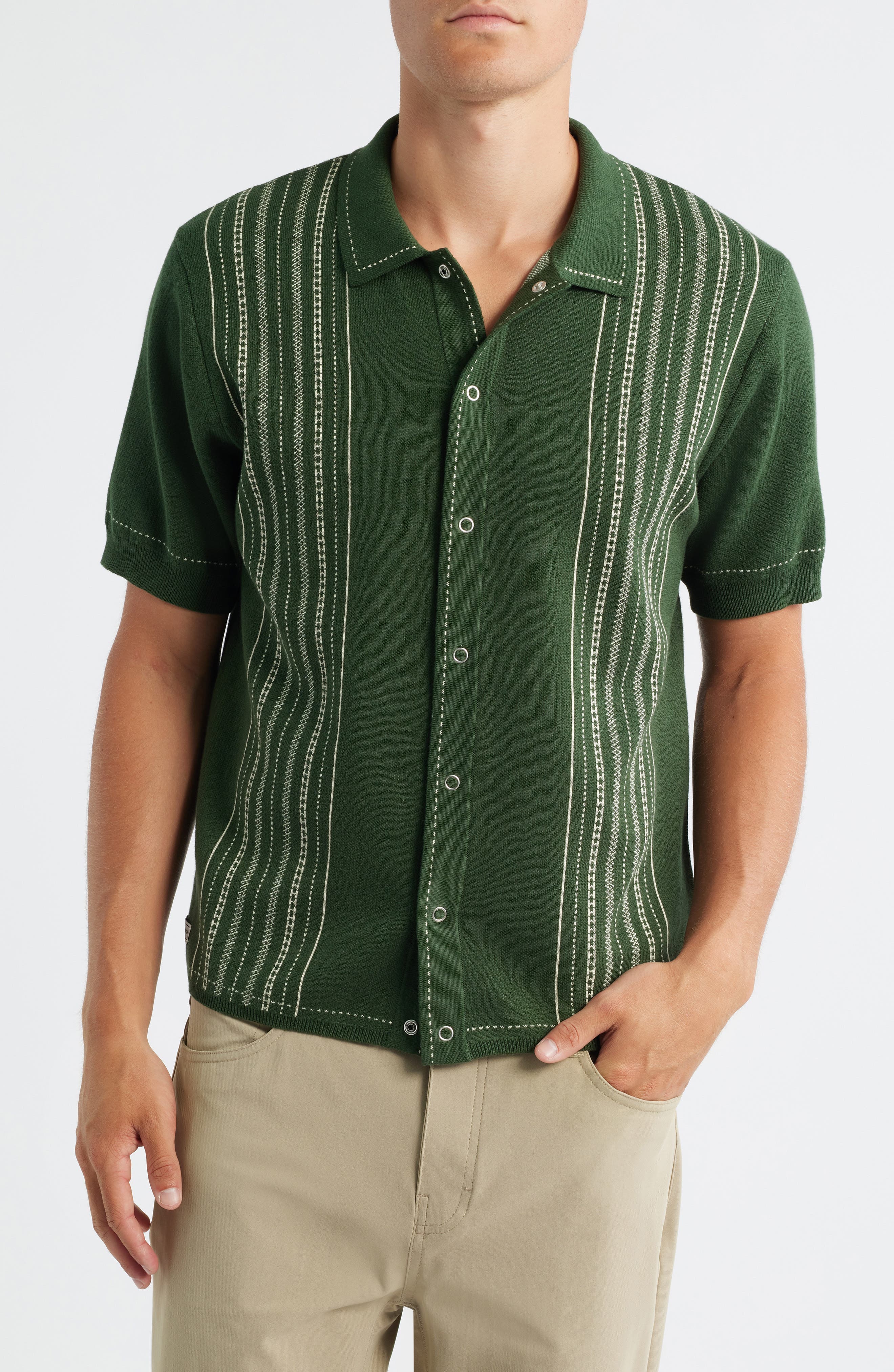 Accolades Embroidered Stripe Short Sleeve Knit Cotton Snap-Up Shirt - image 1