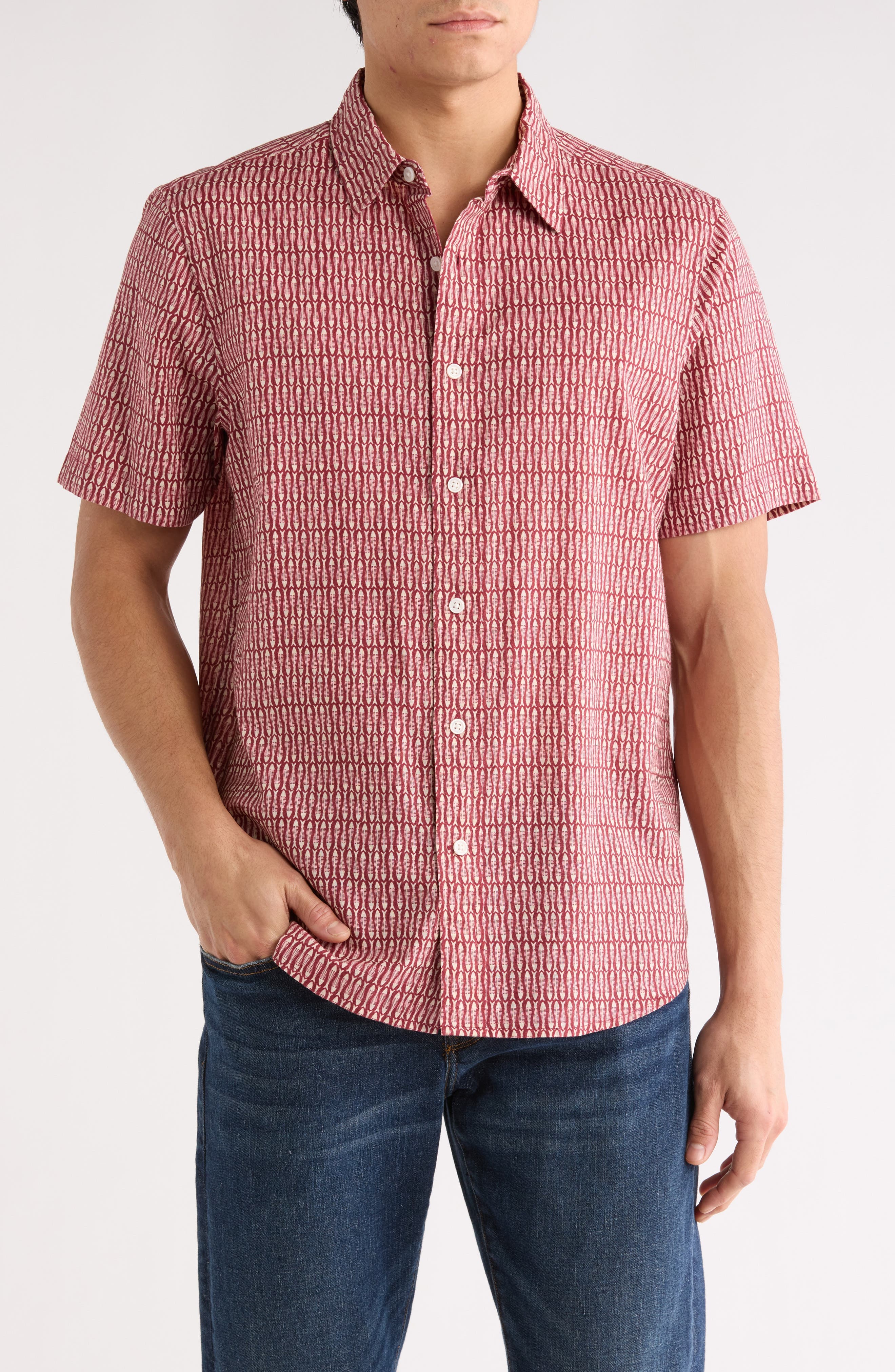 Fish Print Linen & Cotton Short Sleeve Shirt - image 3