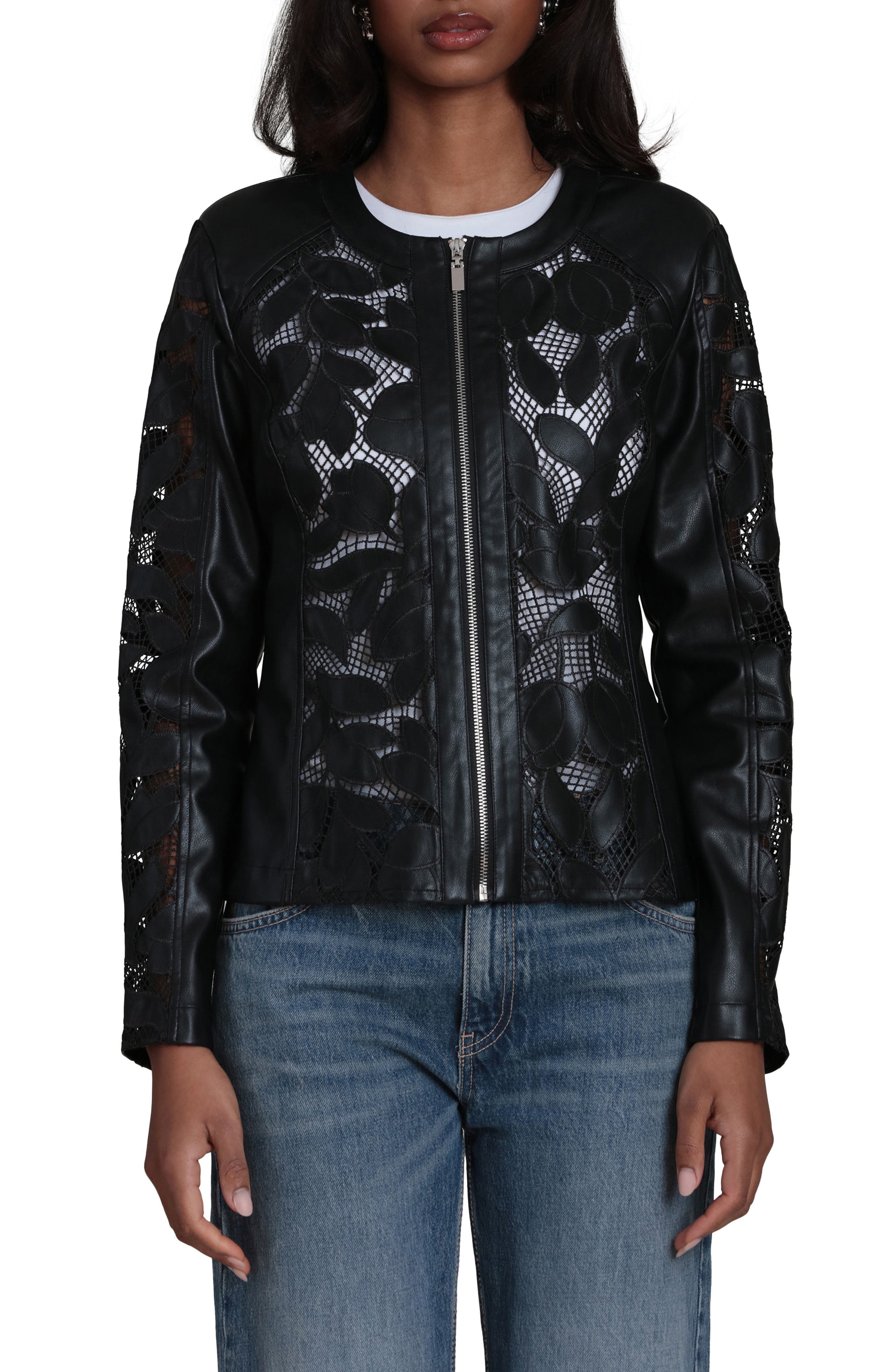 Embroidered Lace Faux Leather Moto Jacket - image 1