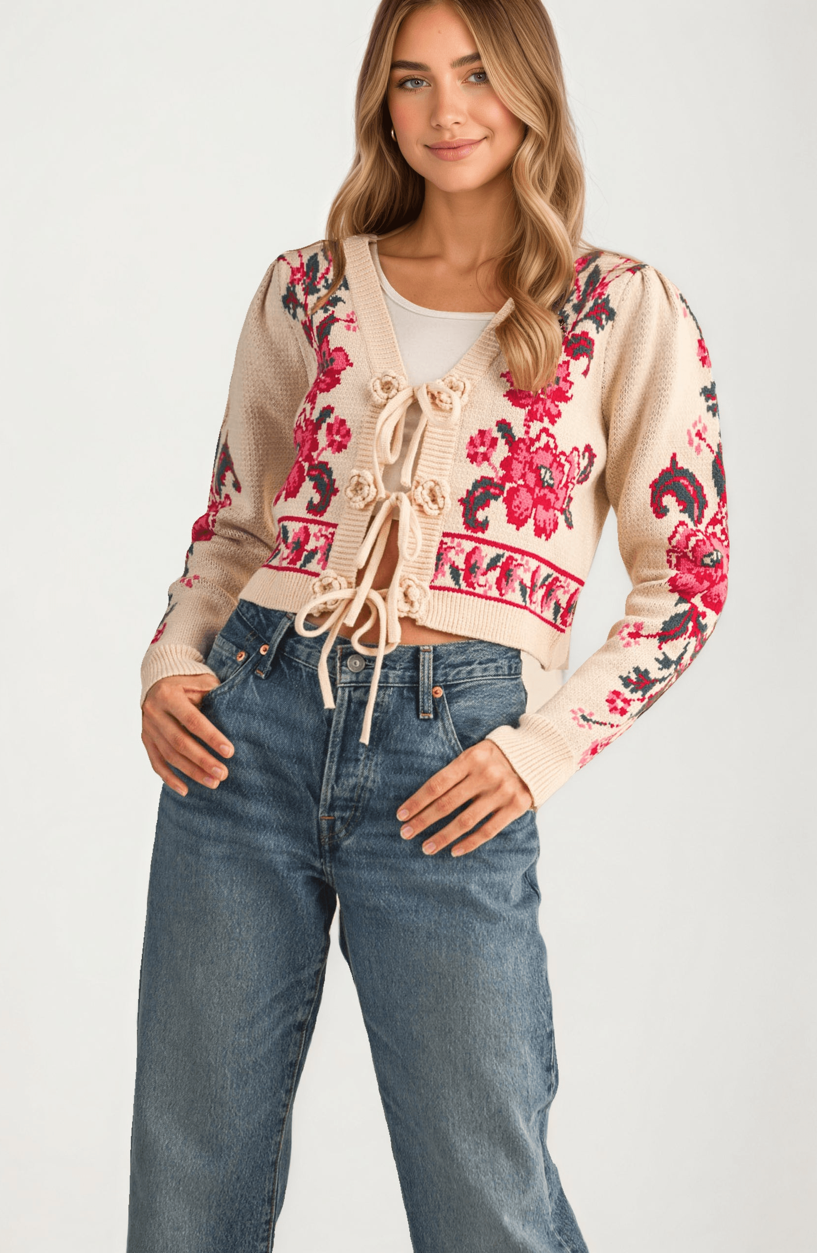 Floral Tie-Front Cropped Cardigan - image 1
