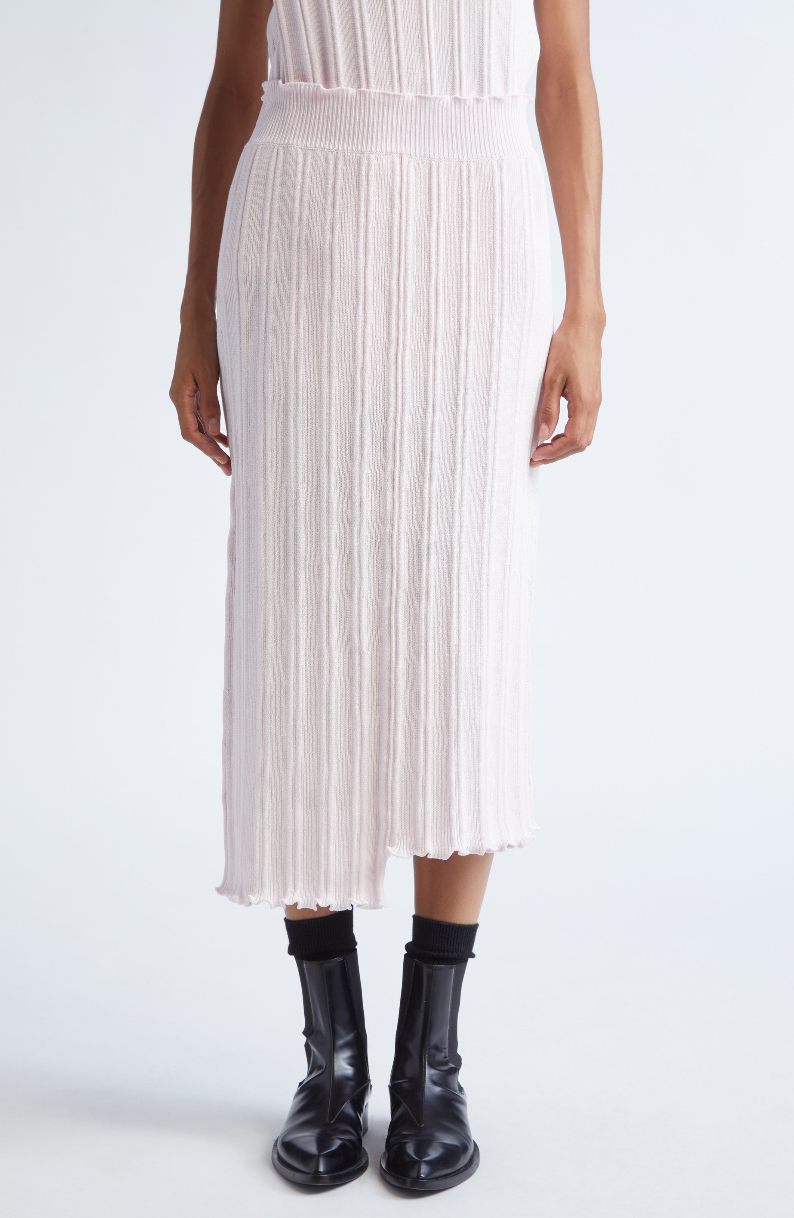 Asymmetric Cotton Rib Straight Midi Skirt - image 1