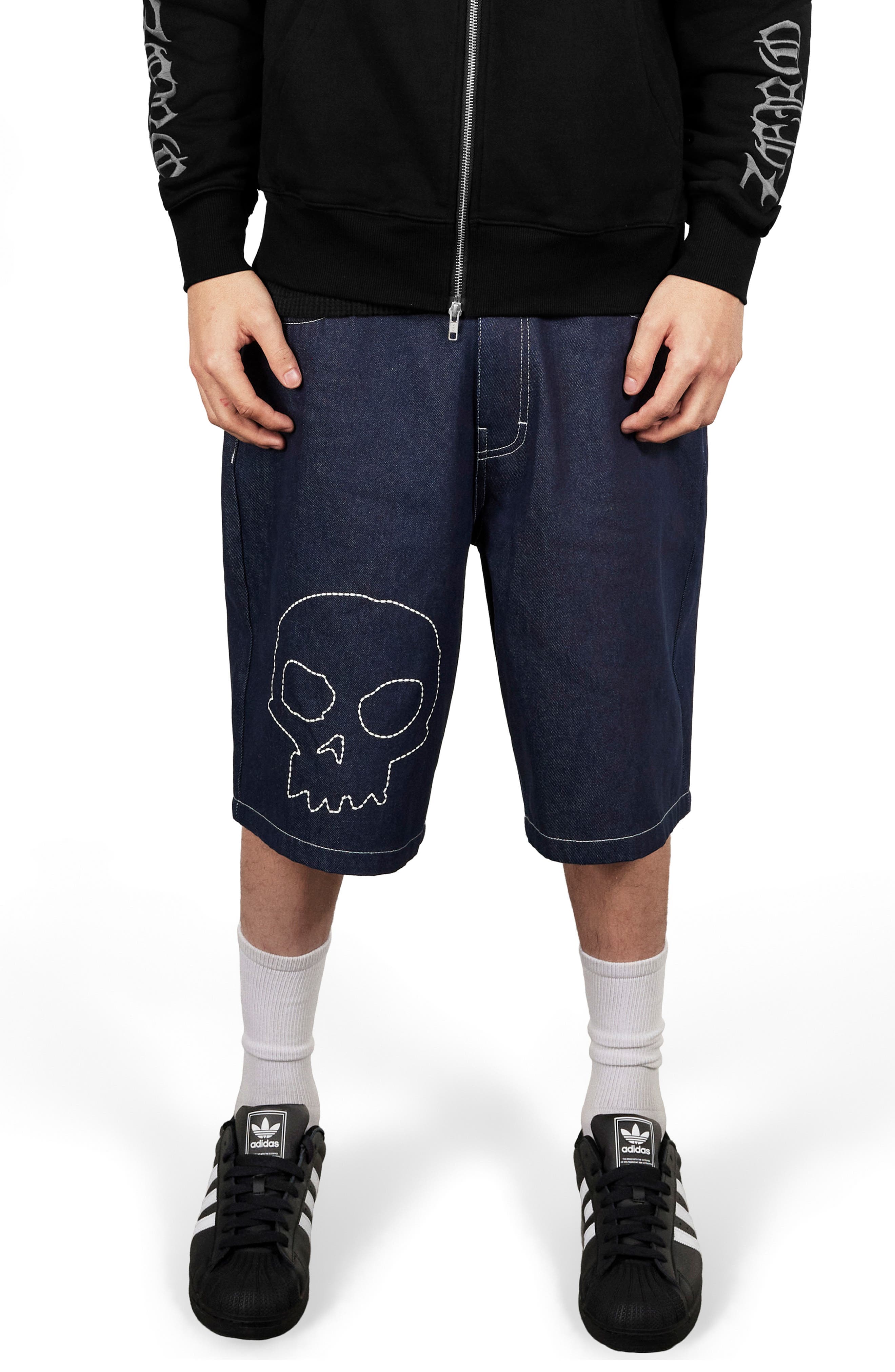 X Zero Skateboards Skull Embroidered Denim Shorts - image 1