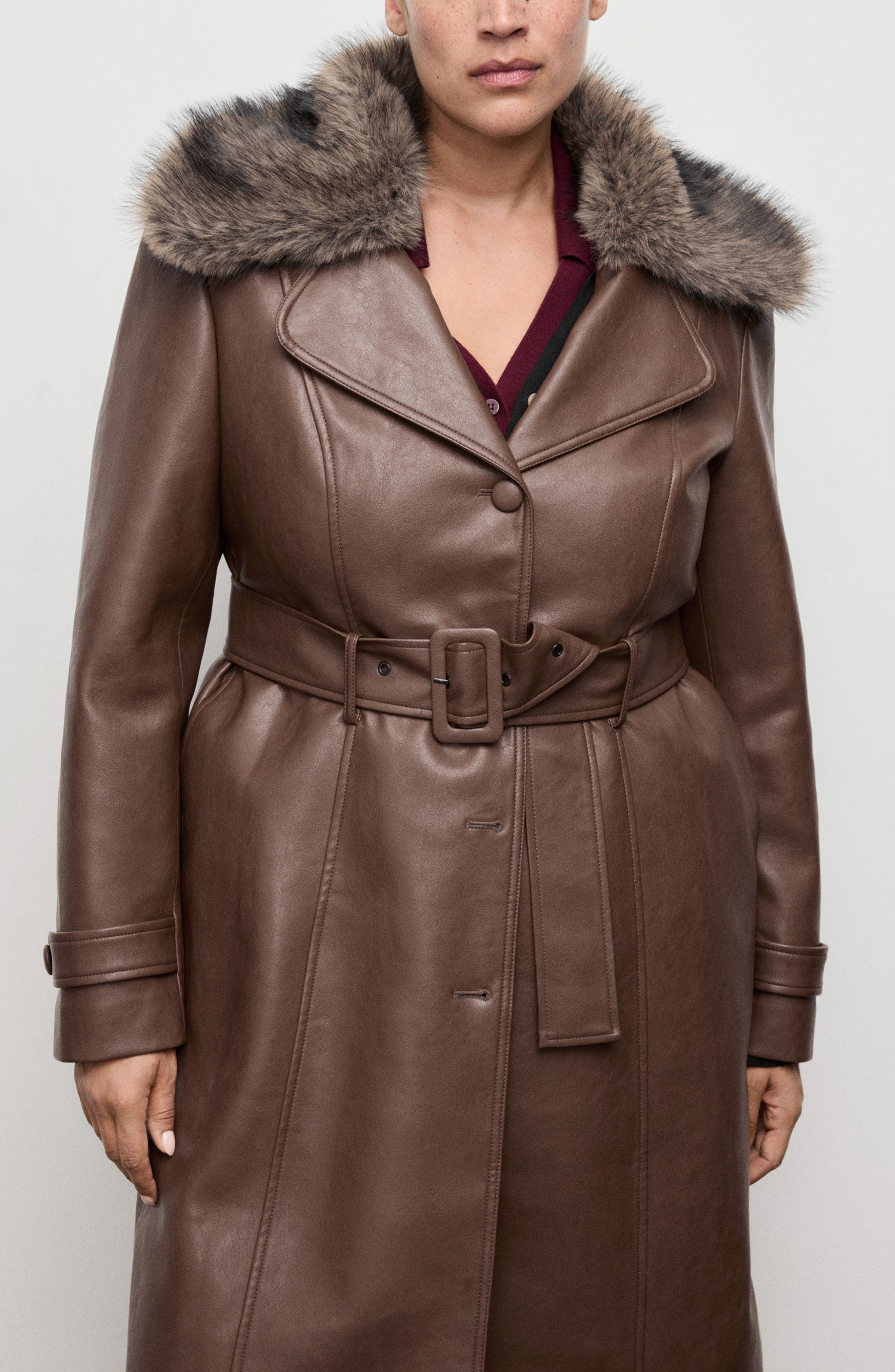 Fernanda Faux Leather Belted Coat with Removable Faux Fur Trim - image 2