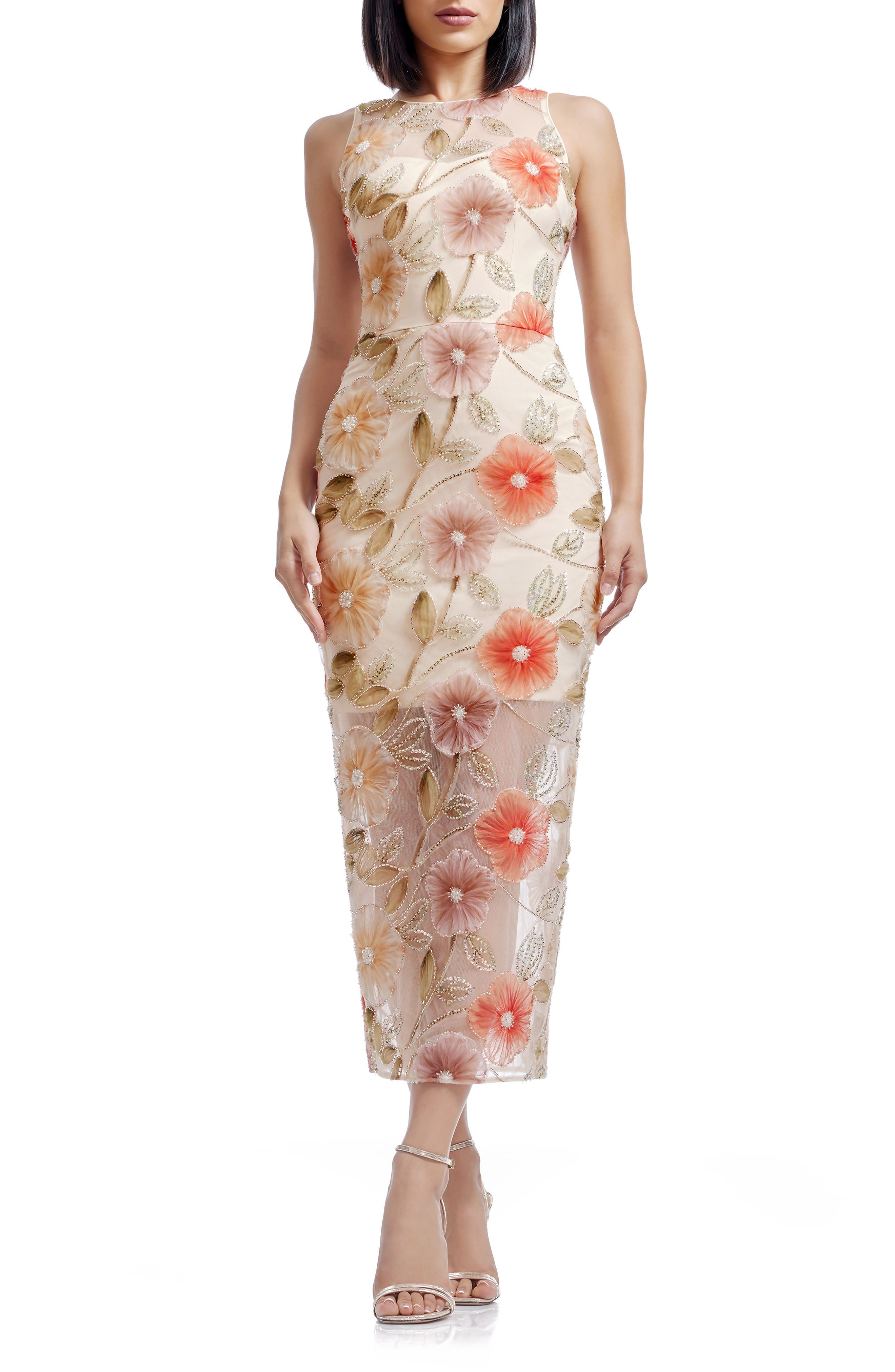 Helena Beaded Floral Applique Sheath Gown - image 1