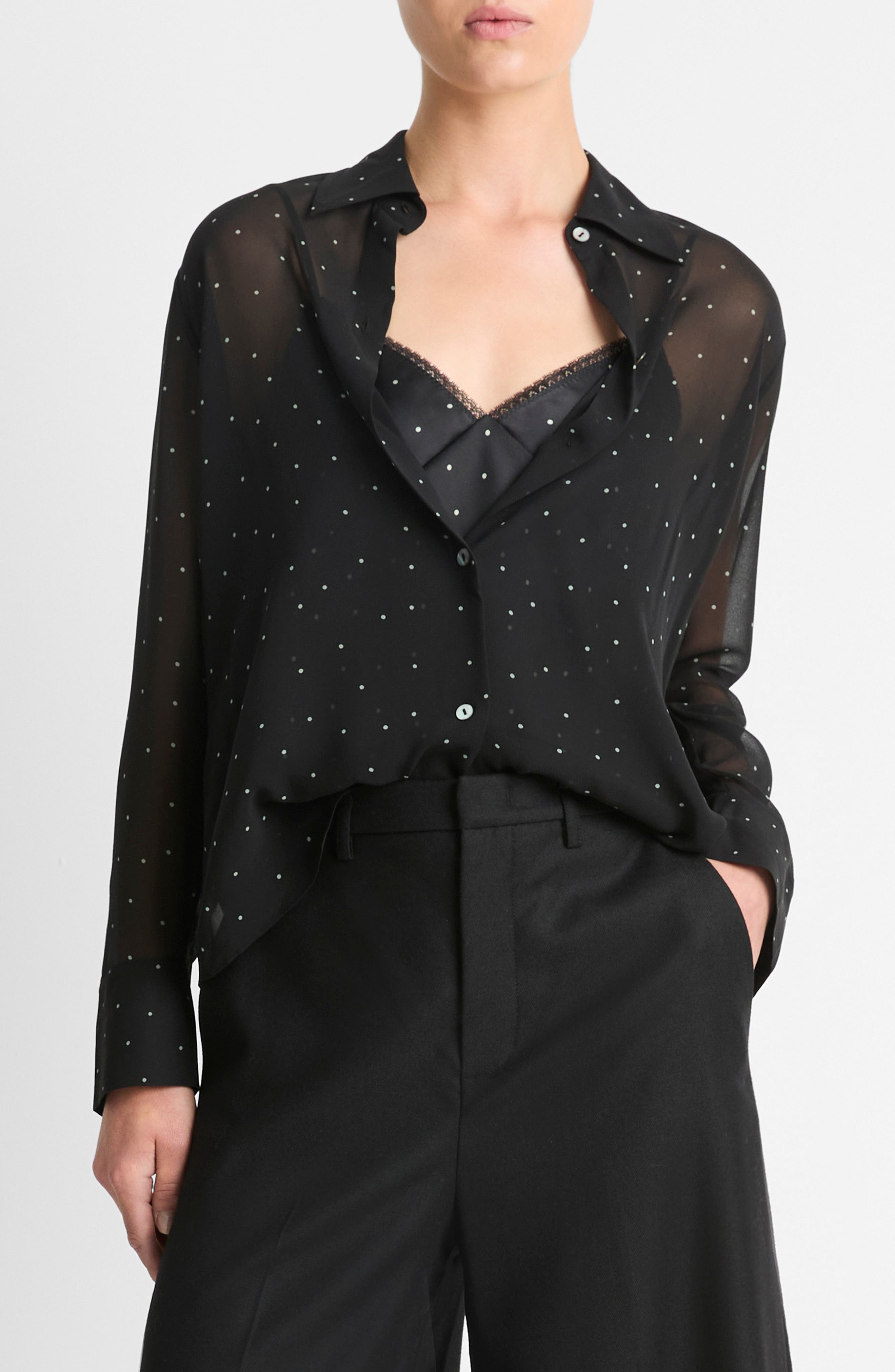 Pin Dot Sheer Silk Button-Up Shirt & Lace Trim Camisole - image 1
