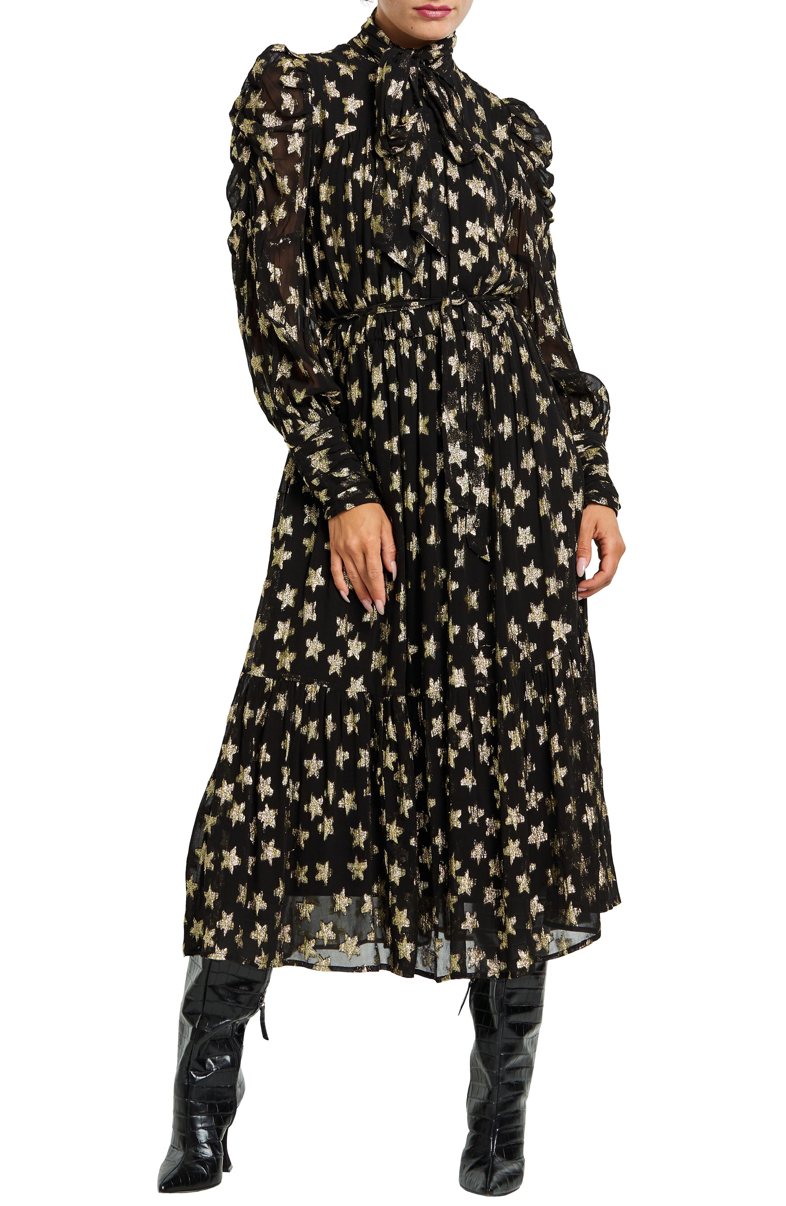 Adelle Metallic Star Print Long Sleeve Midi Dress - image 1