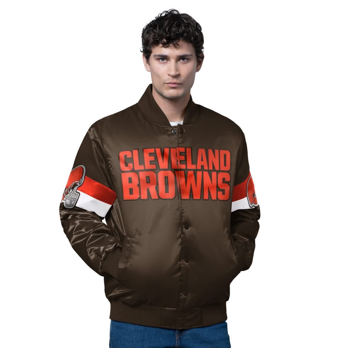 Men's Starter Brown Cleveland Browns Triple Option Satin Varsity Full-Snap Jacket - image 1