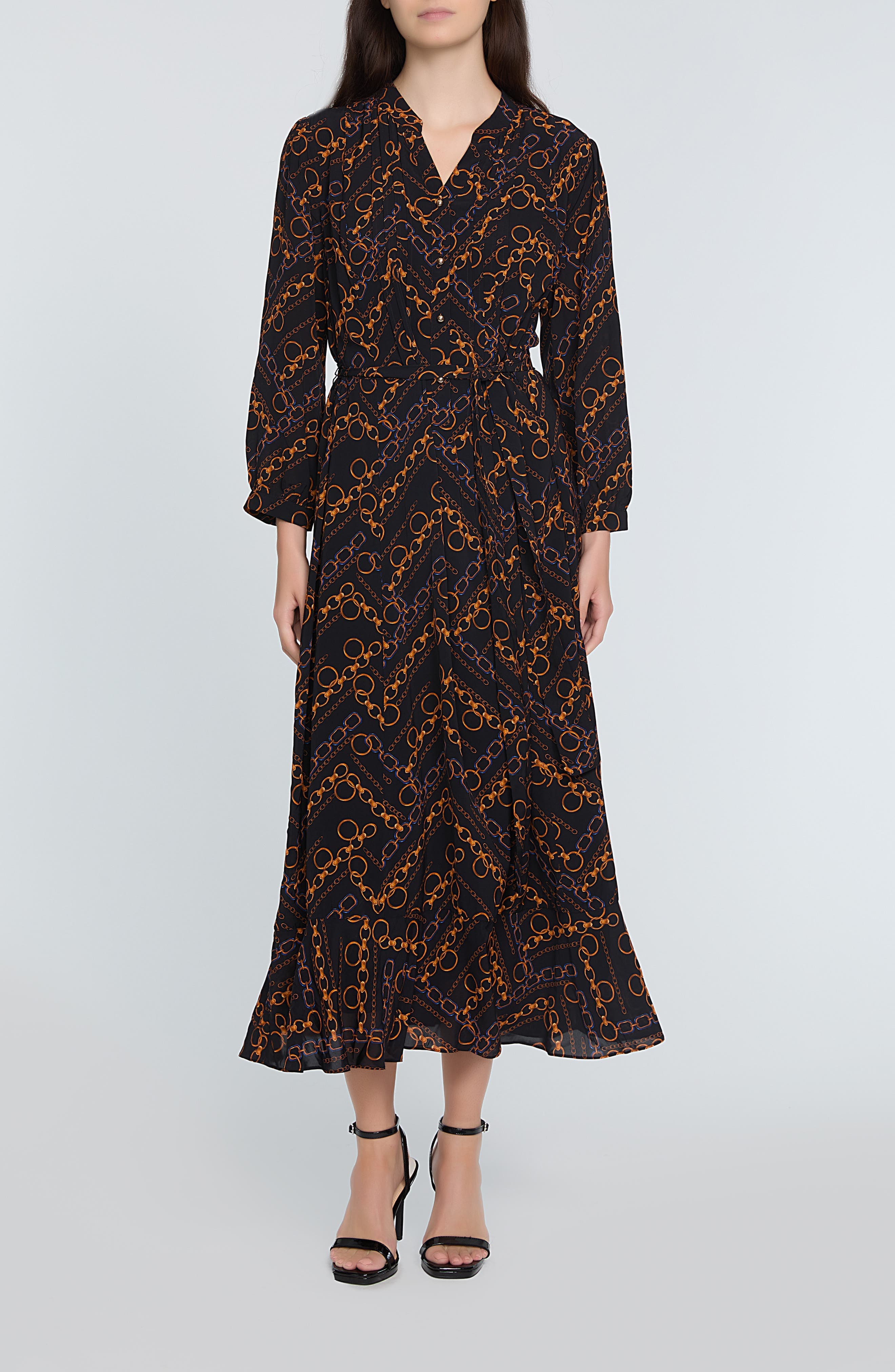The Mila Chain Print Pleated Long Sleeve Stretch Silk Midi Dress - image 1