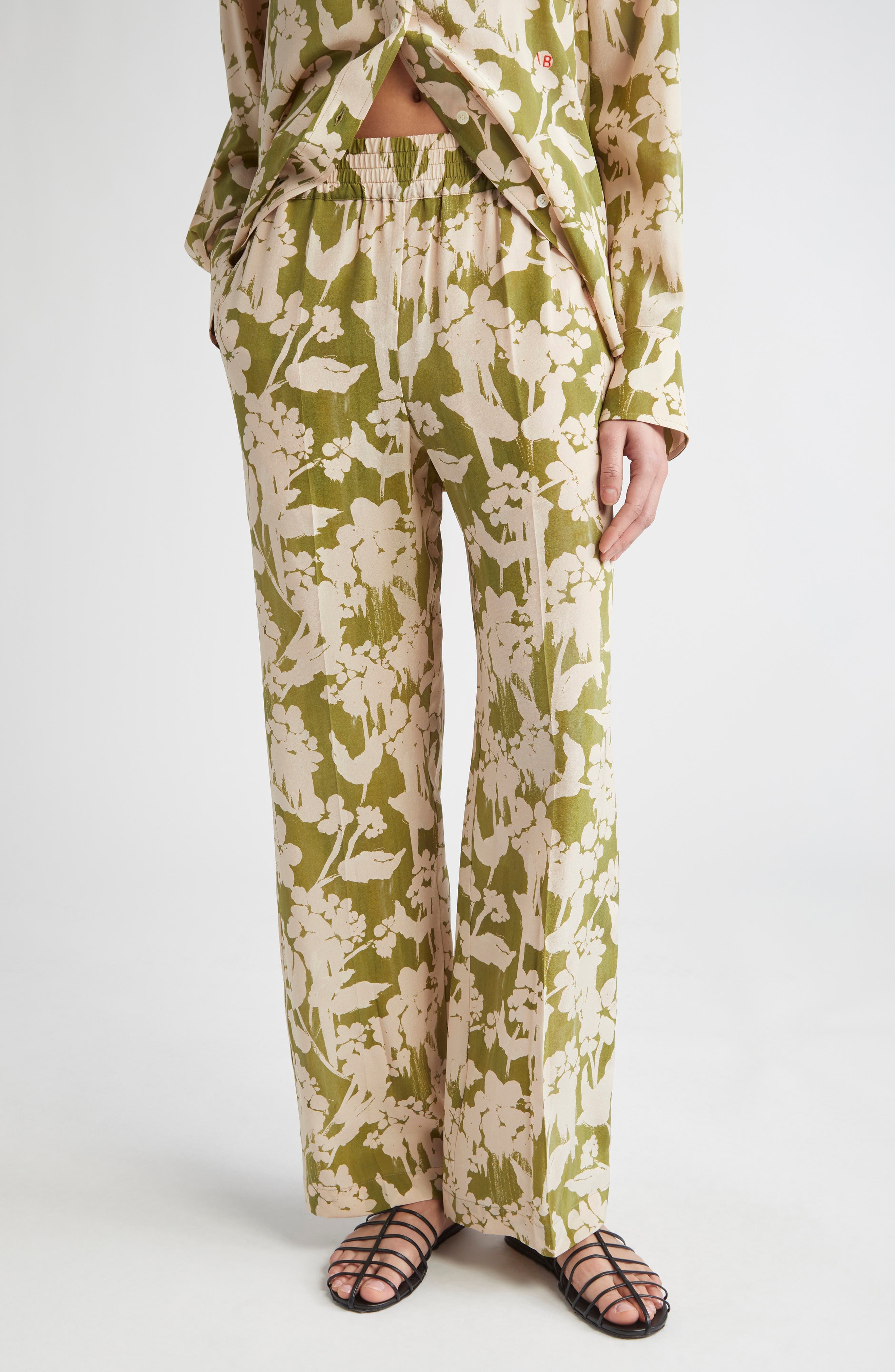Pyjama Floral Print Straight Leg Silk Trousers - image 1