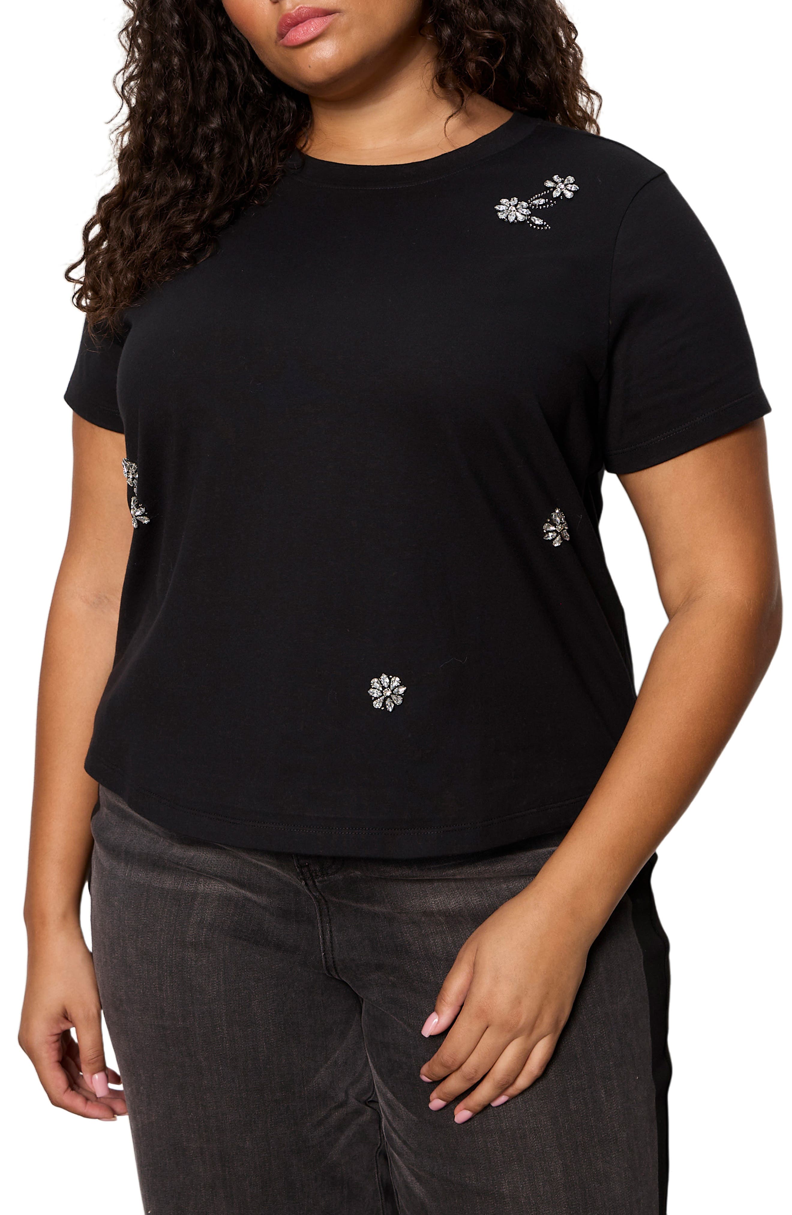 Floral Crystal Embellished Organic Cotton T-Shirt - image 1