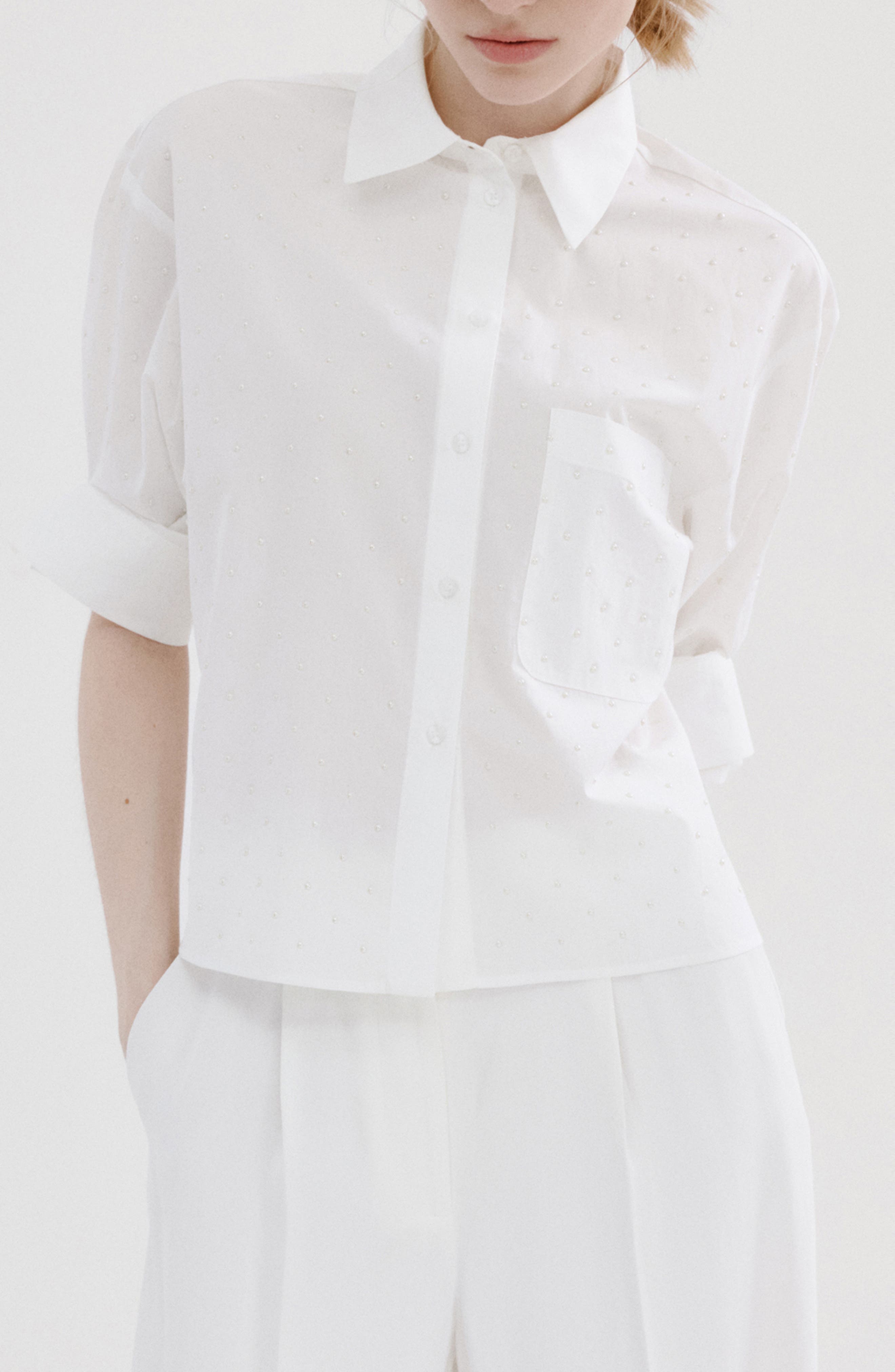 Embellished Faux Pearl Button-Up Shirt - image 1