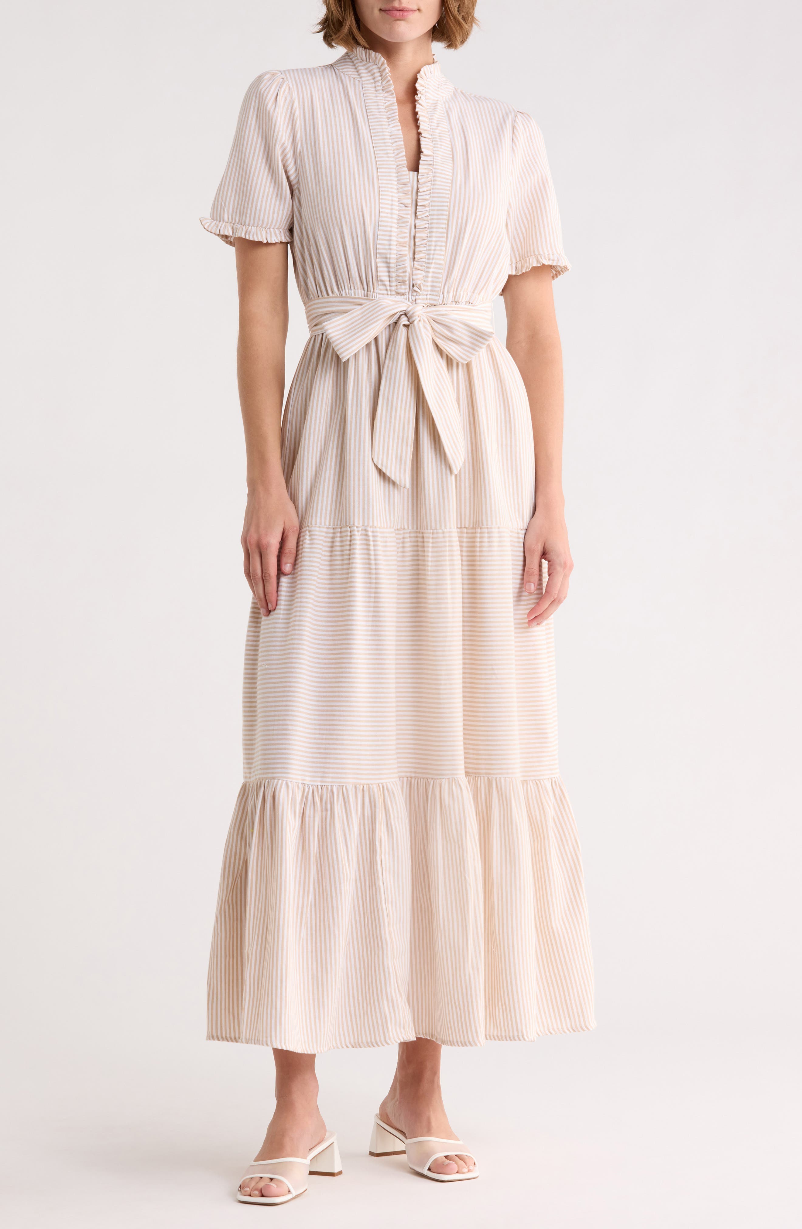 Stripe Short Sleeve Cotton Seersucker Maxi Dress - image 3