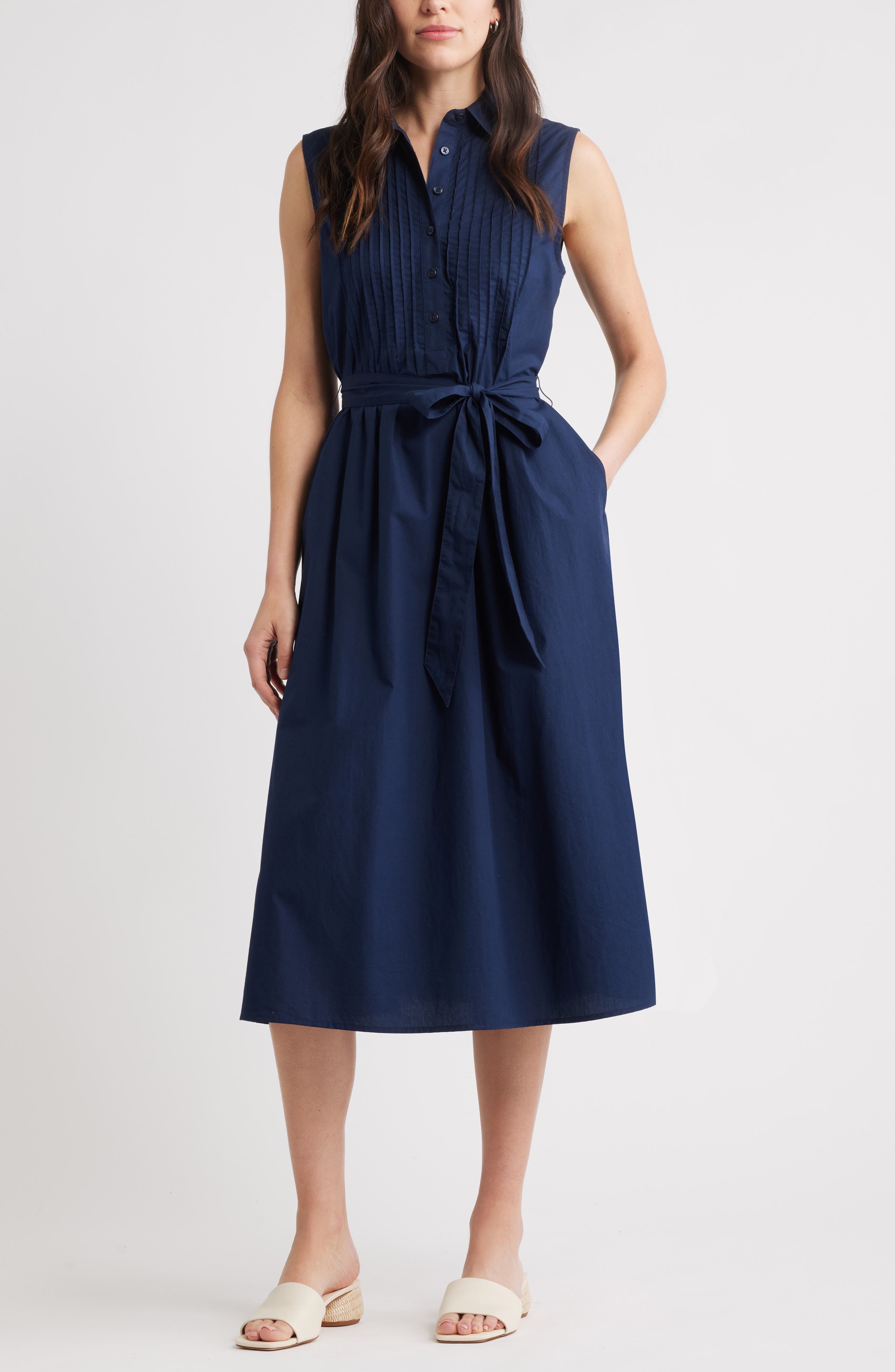 Pintuck Sleeveless Cotton Poplin Shirtdress - image 3