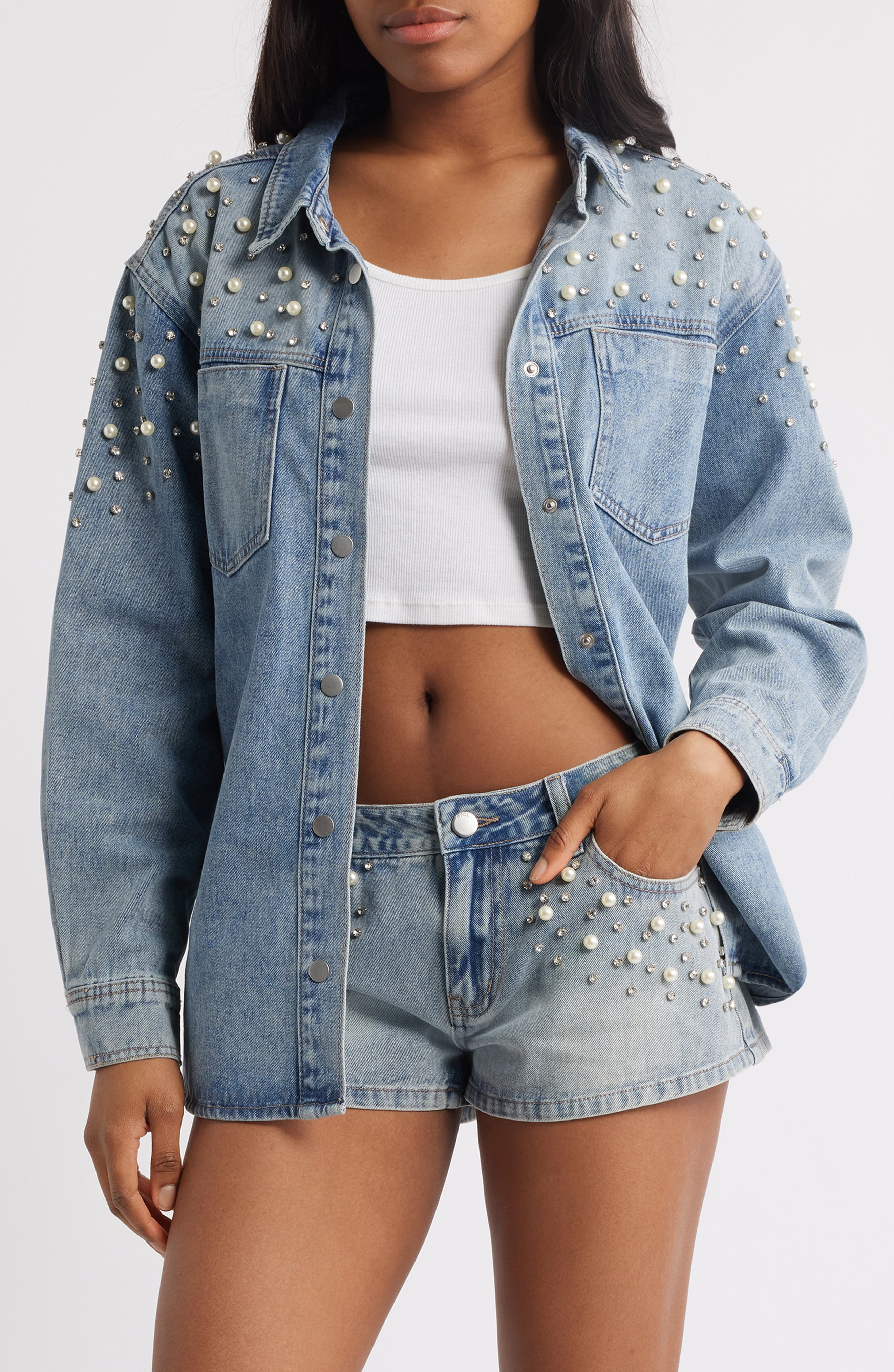 Delilah Imitation Pearl & Rhinestone Denim Jacket - image 1