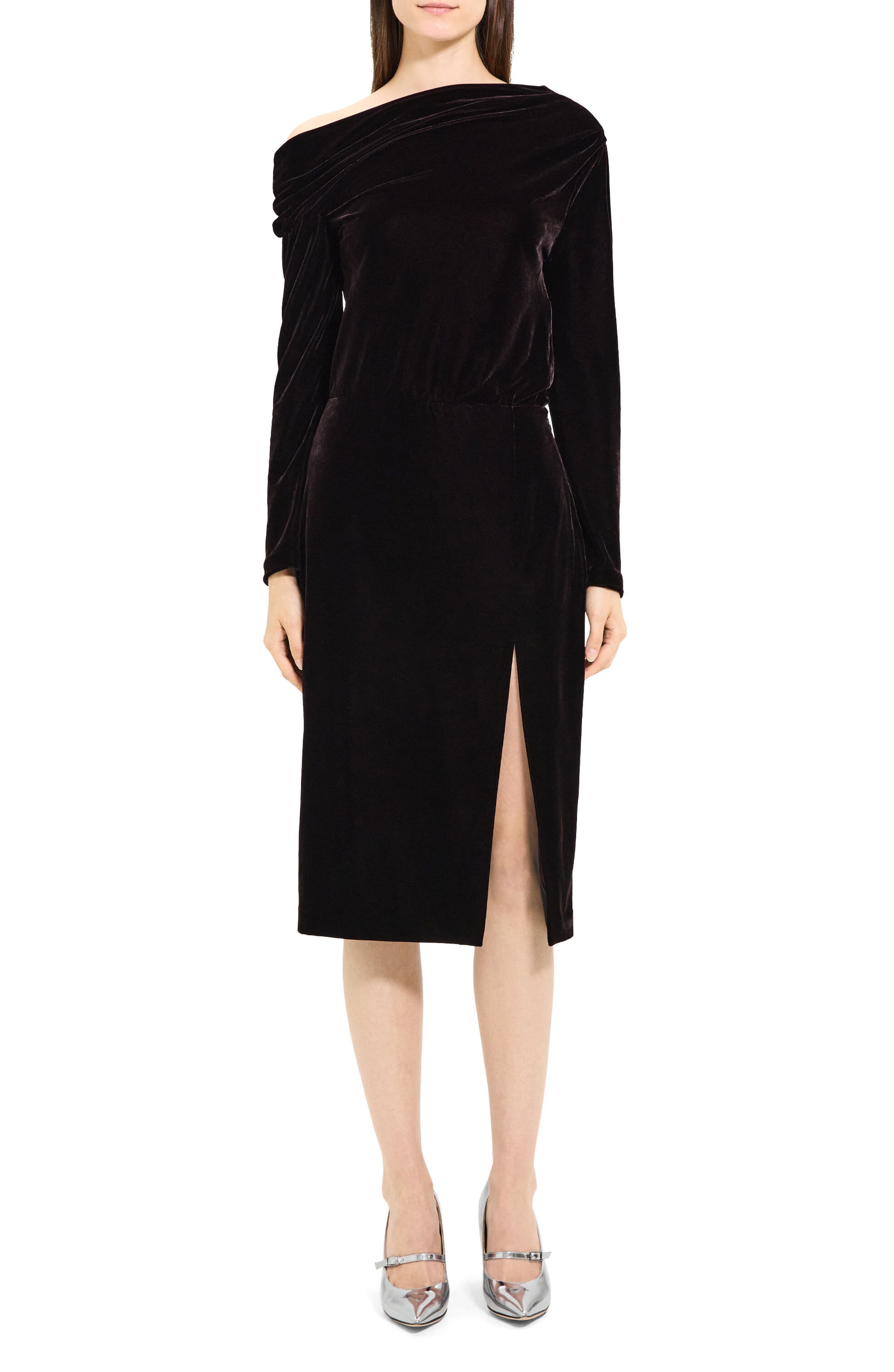 Off the Shoulder Long Sleeve Stretch Velvet Dress - image 1