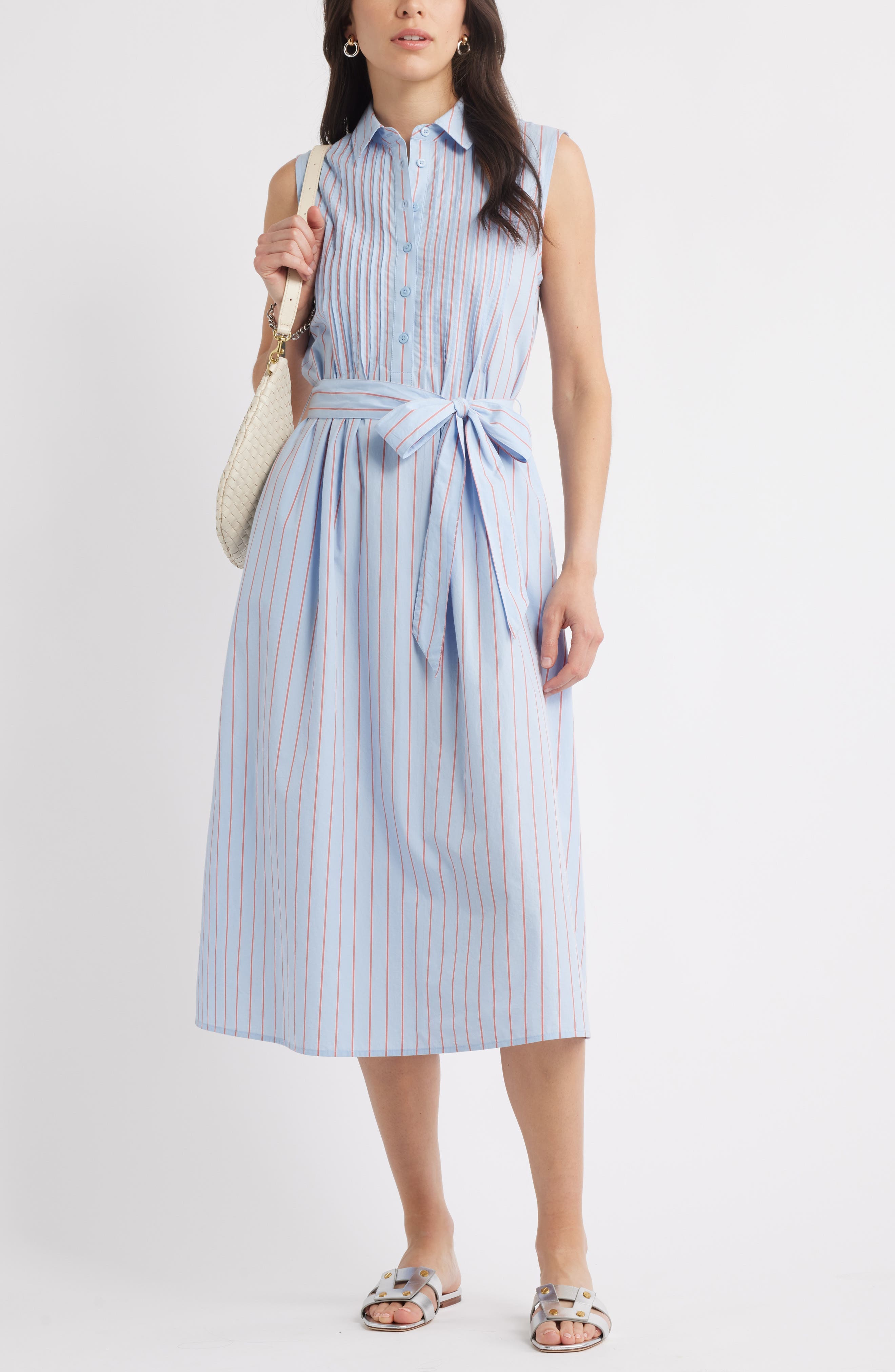 Pintuck Tie Waist Cotton Shirtdress - image 2