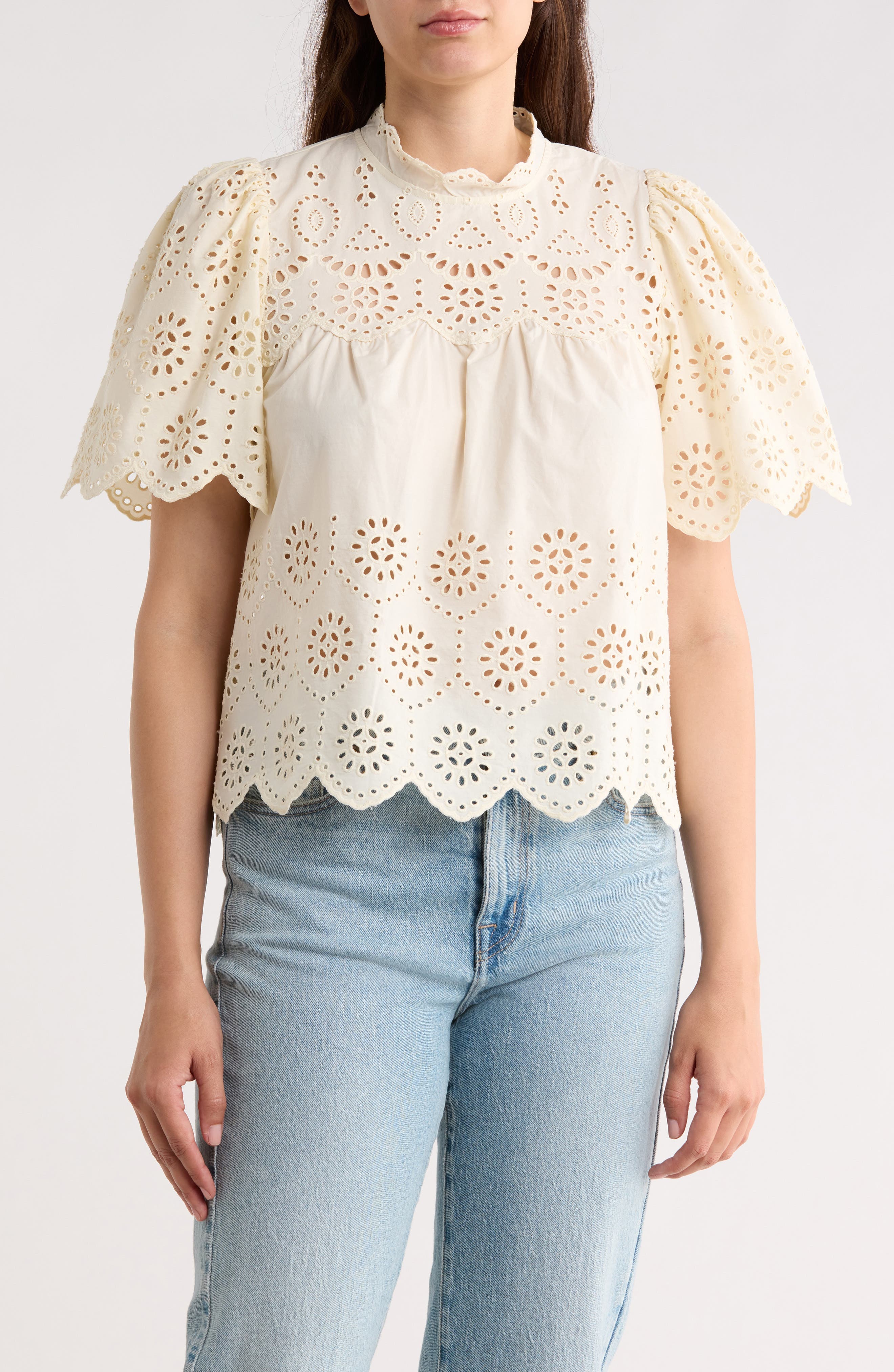 Embroidered Eyelet Short Sleeve Cotton Top - image 1