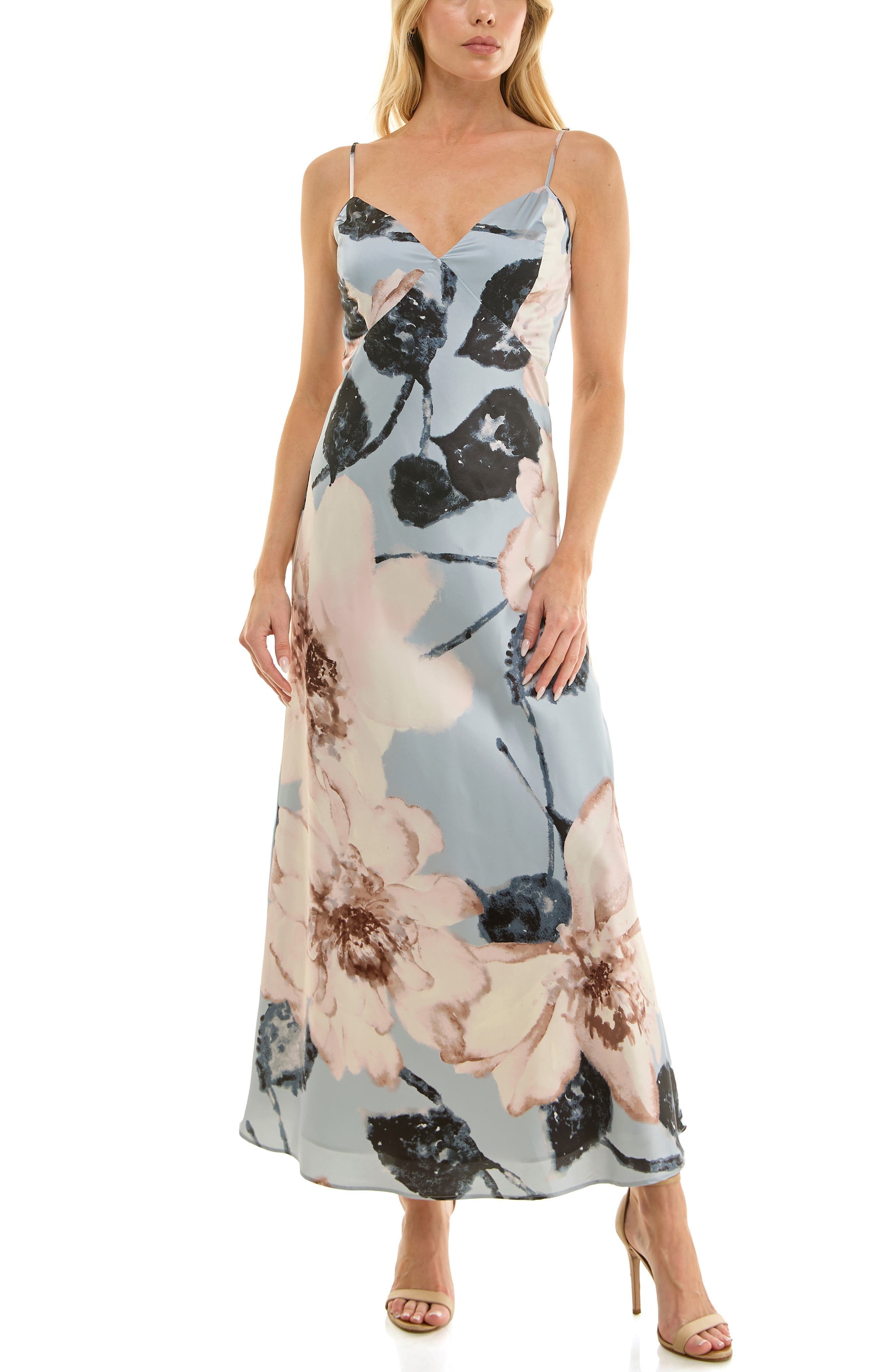 Floral Print Stretch Satin Slipdress - image 1