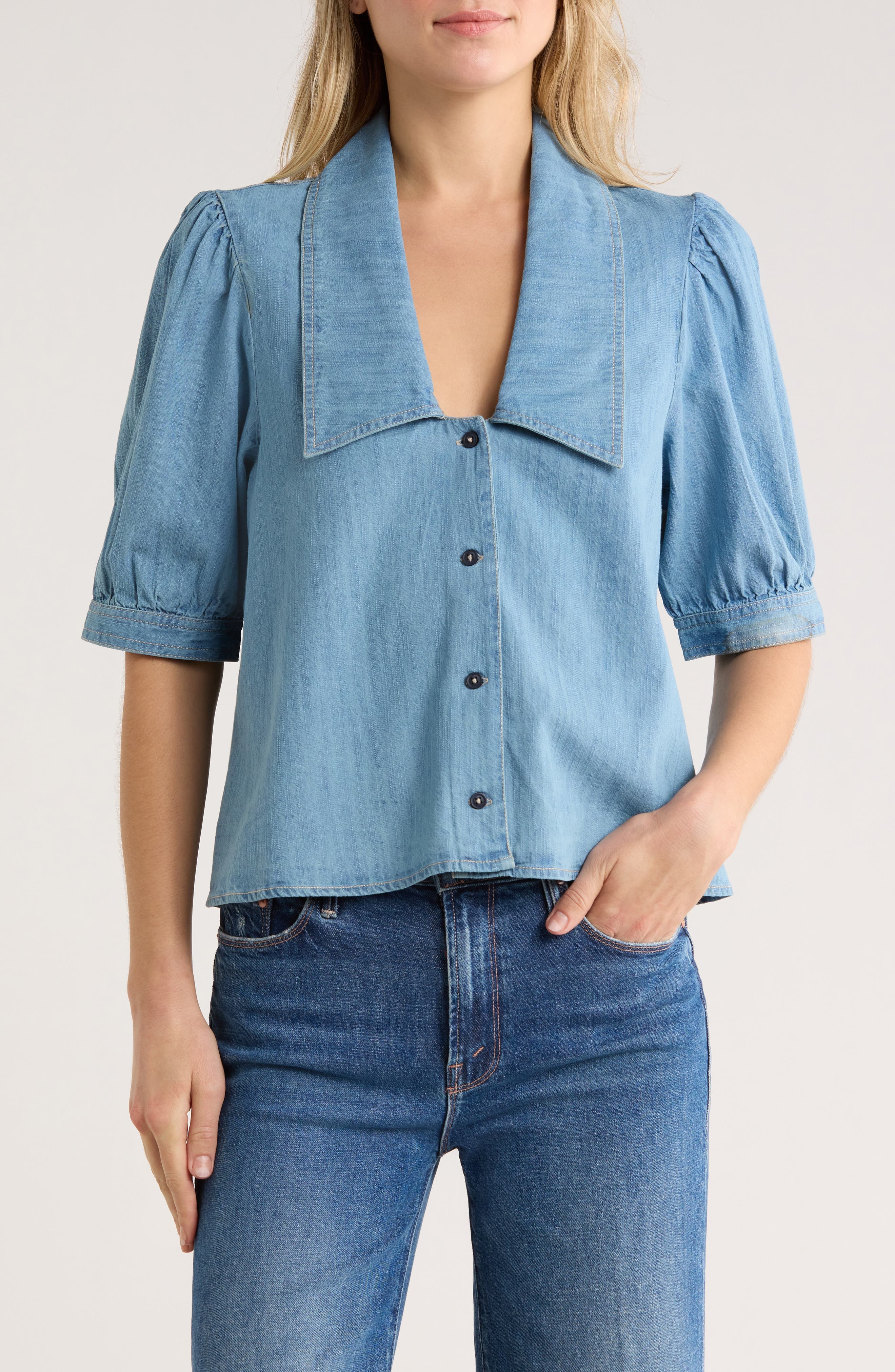 Sailor Collar Puff Sleeve Button-Up Shirt - image 1