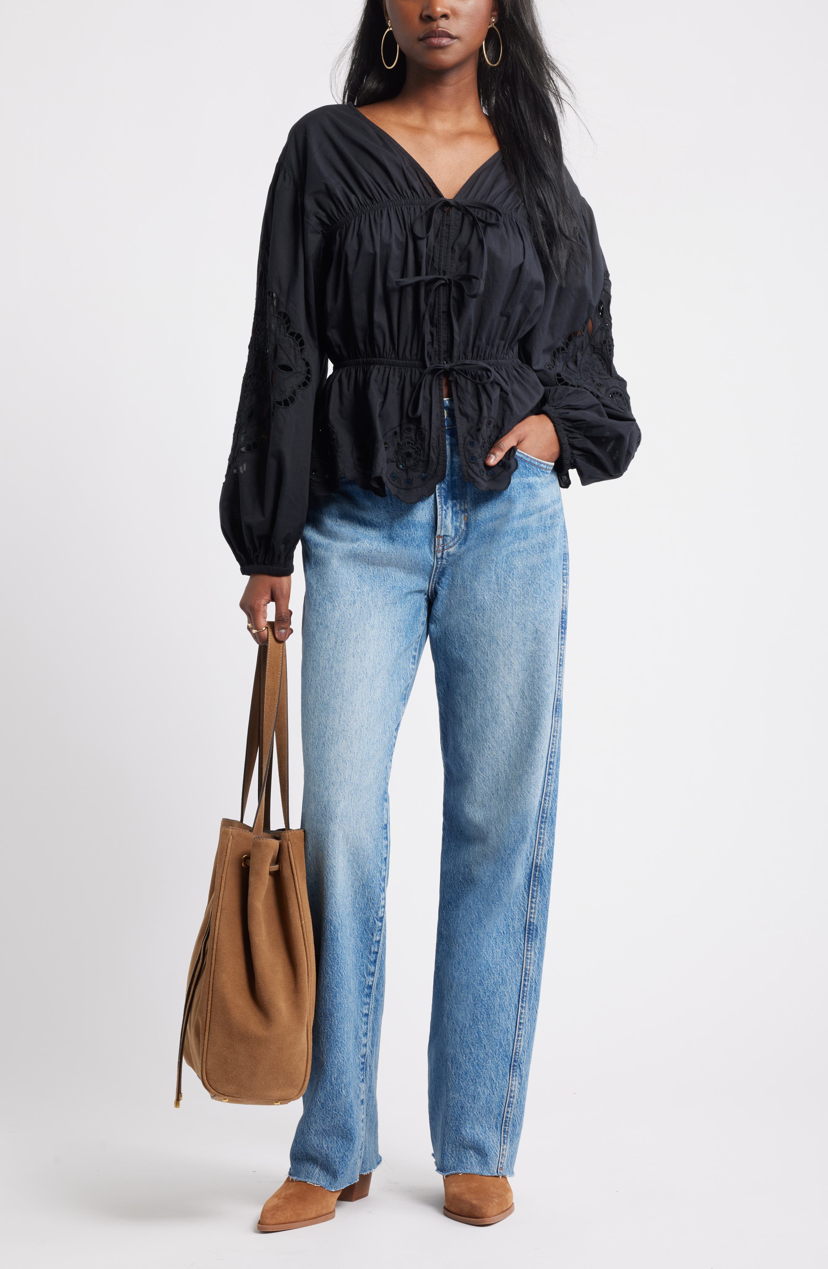 Long Sleeve Cotton Eyelet Top - image 2