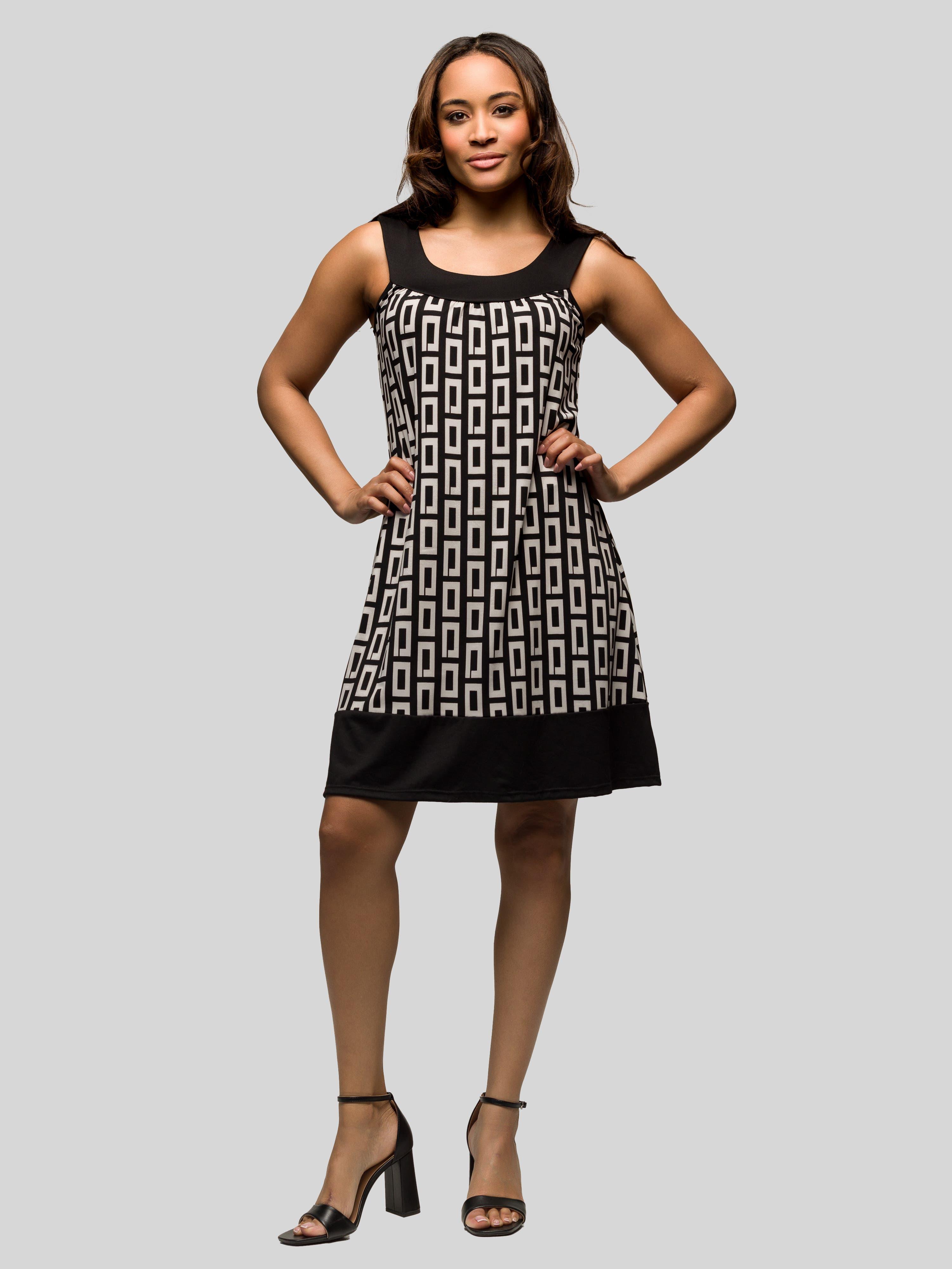 Black and White Scoop Neck Sleeveless Knee Length Dress