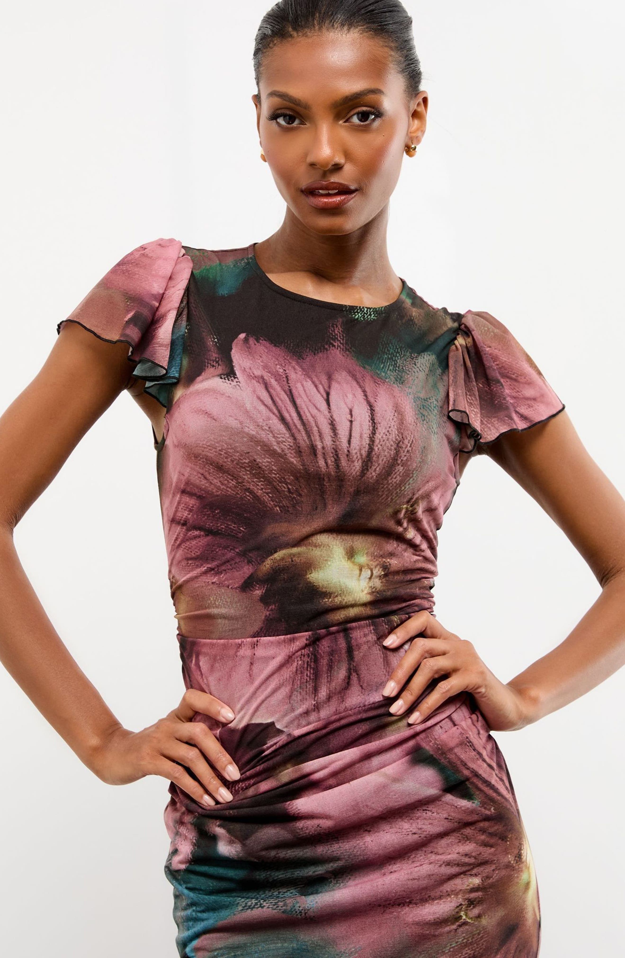 Printed Ruched Mesh Body-Con Midi Dress - image 2
