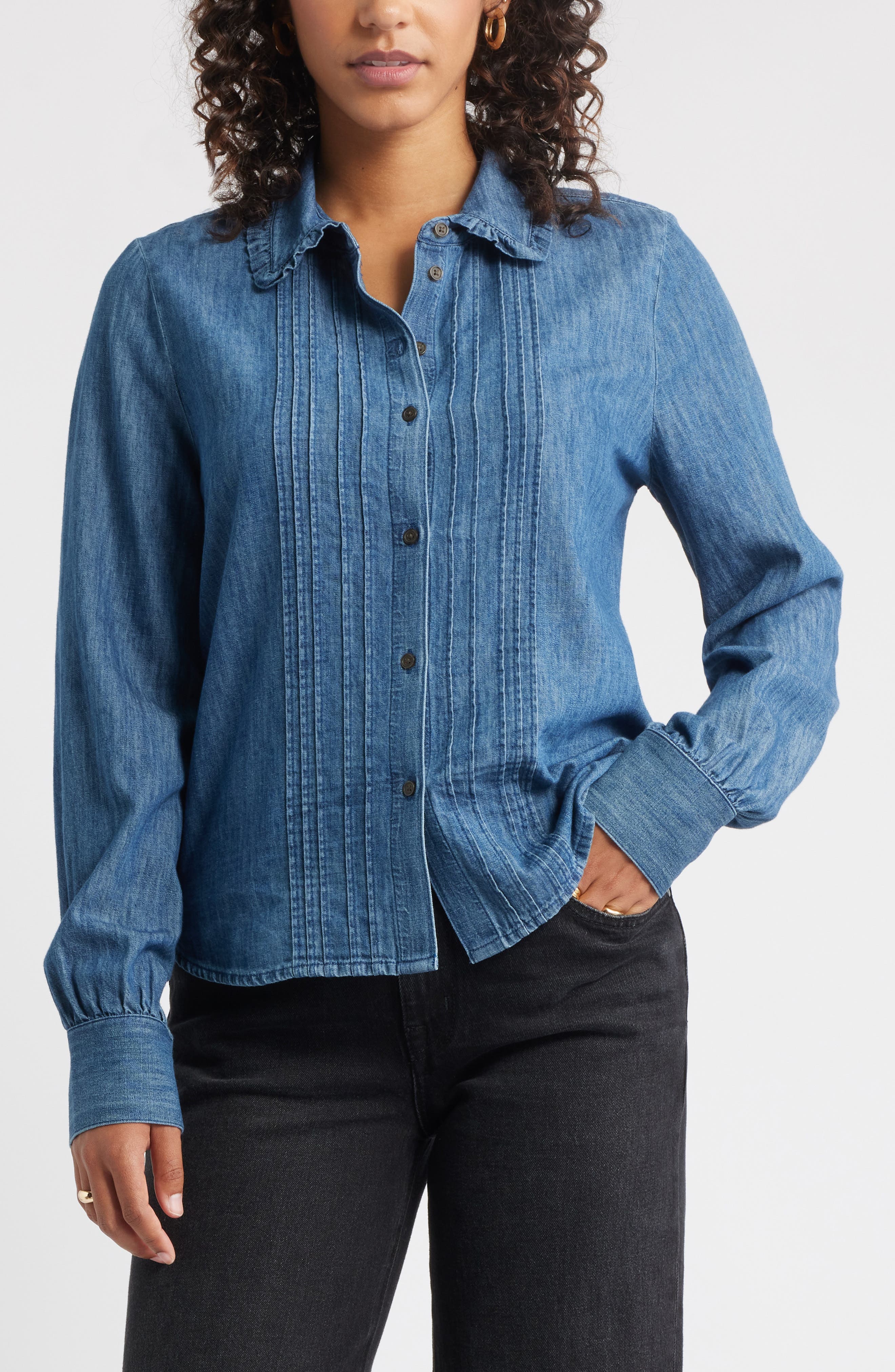 Pintuck Cotton Chambray Button-Up Shirt - image 1