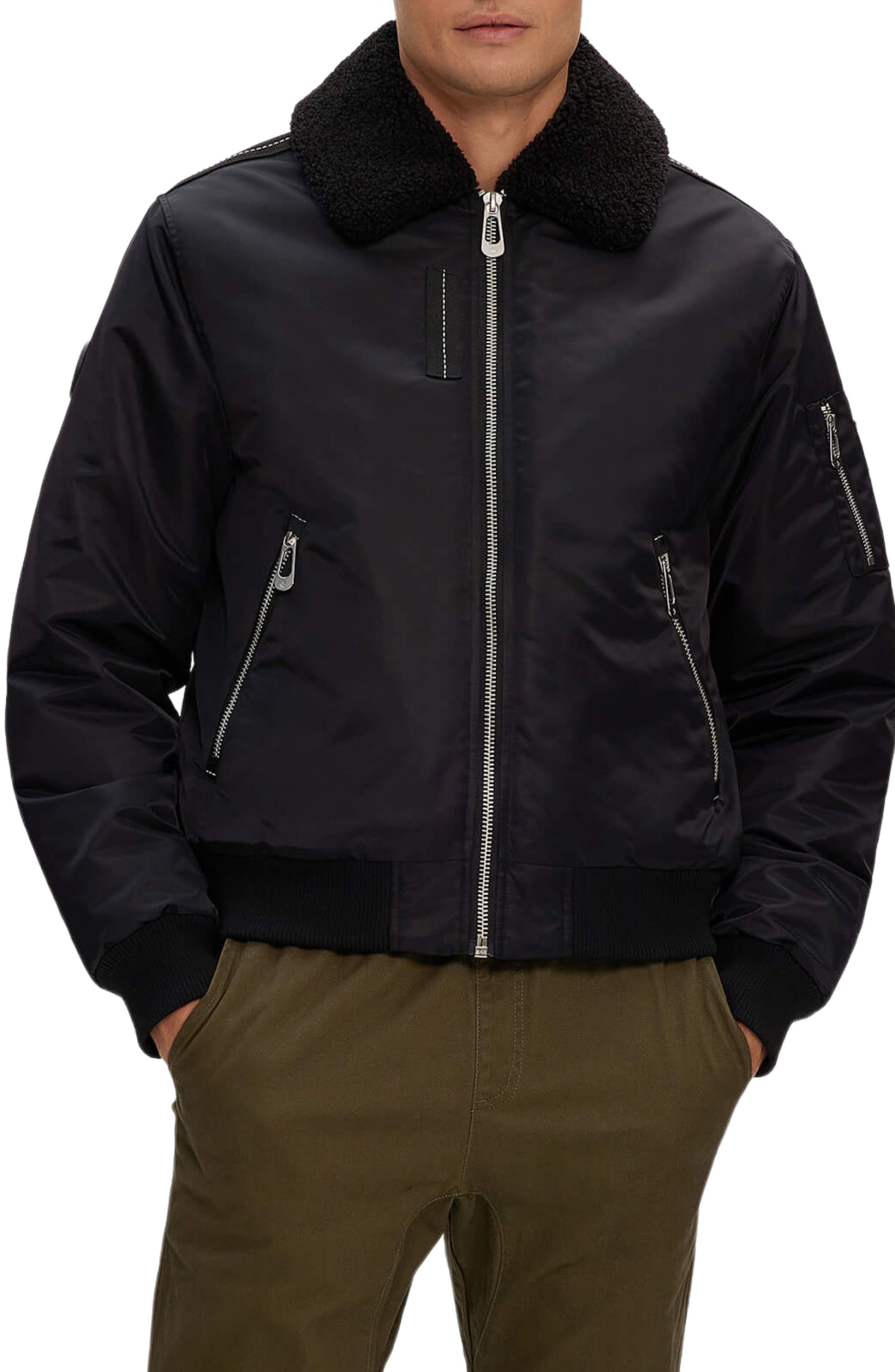 Brian Faux Shearling Collar Water Resistant Short Bomber Jacket - image 1
