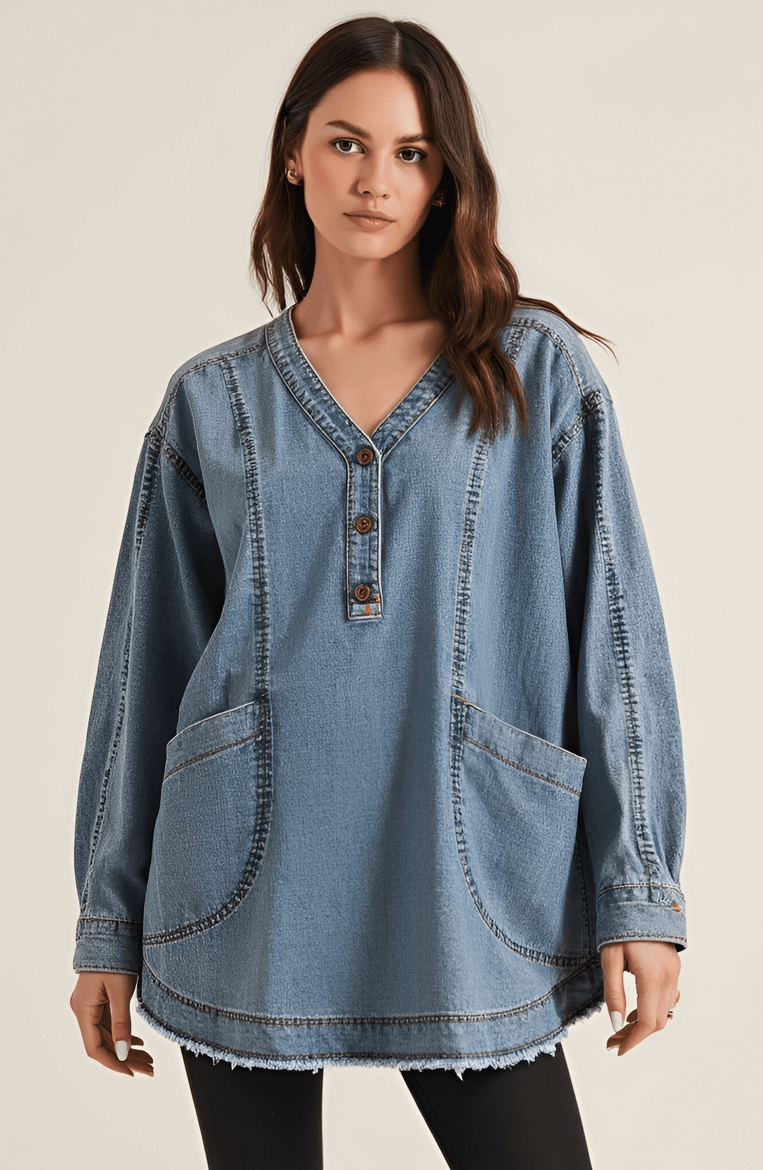 Woven Denim Blouse with V-Neck Placket and Patch Pockets - image 1