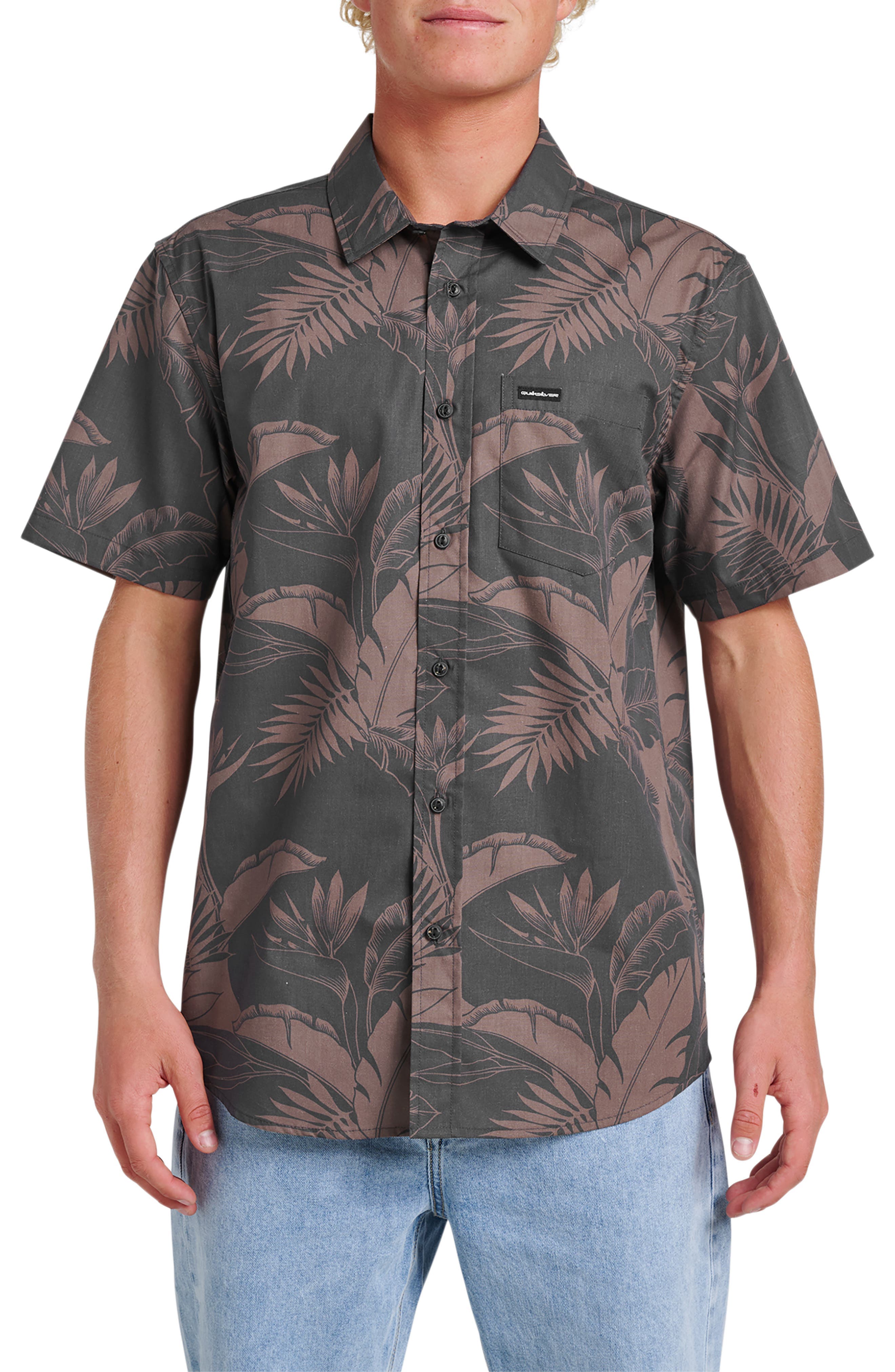 Kahnu Classic Fit Leaf Print Short Sleeve Button-Up Shirt - image 1