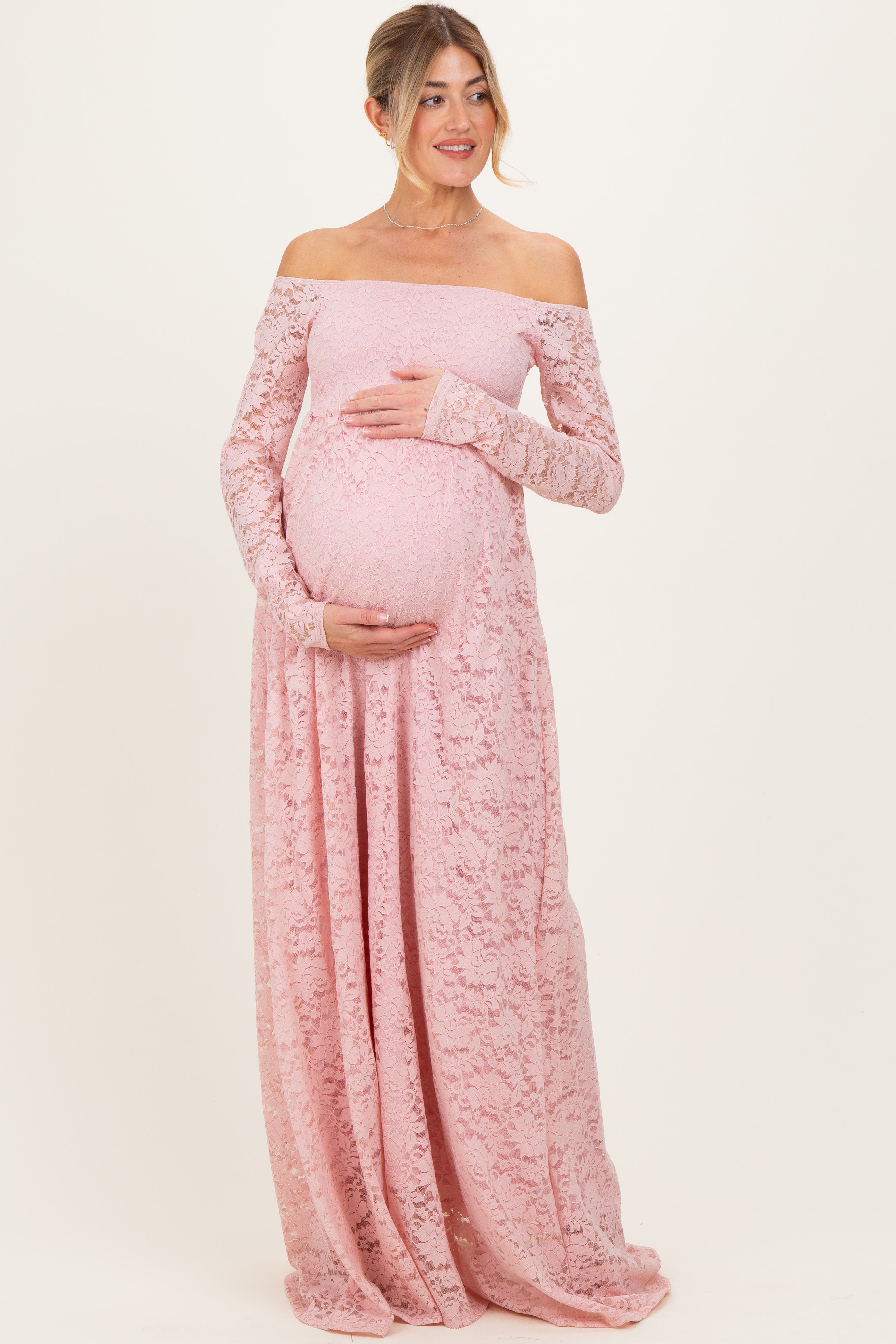 Floral Lace Long Sleeve Off Shoulder Maxi Dress - image 1