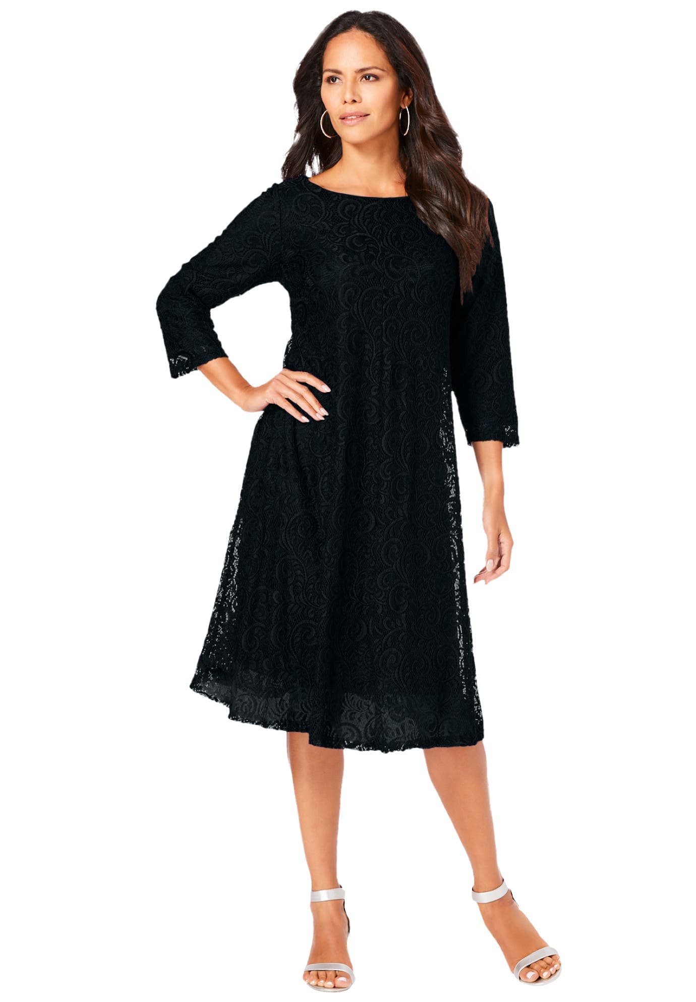 Plus-Size 3/4 Sleeve Boatneck Lace Swing Dress - image 1