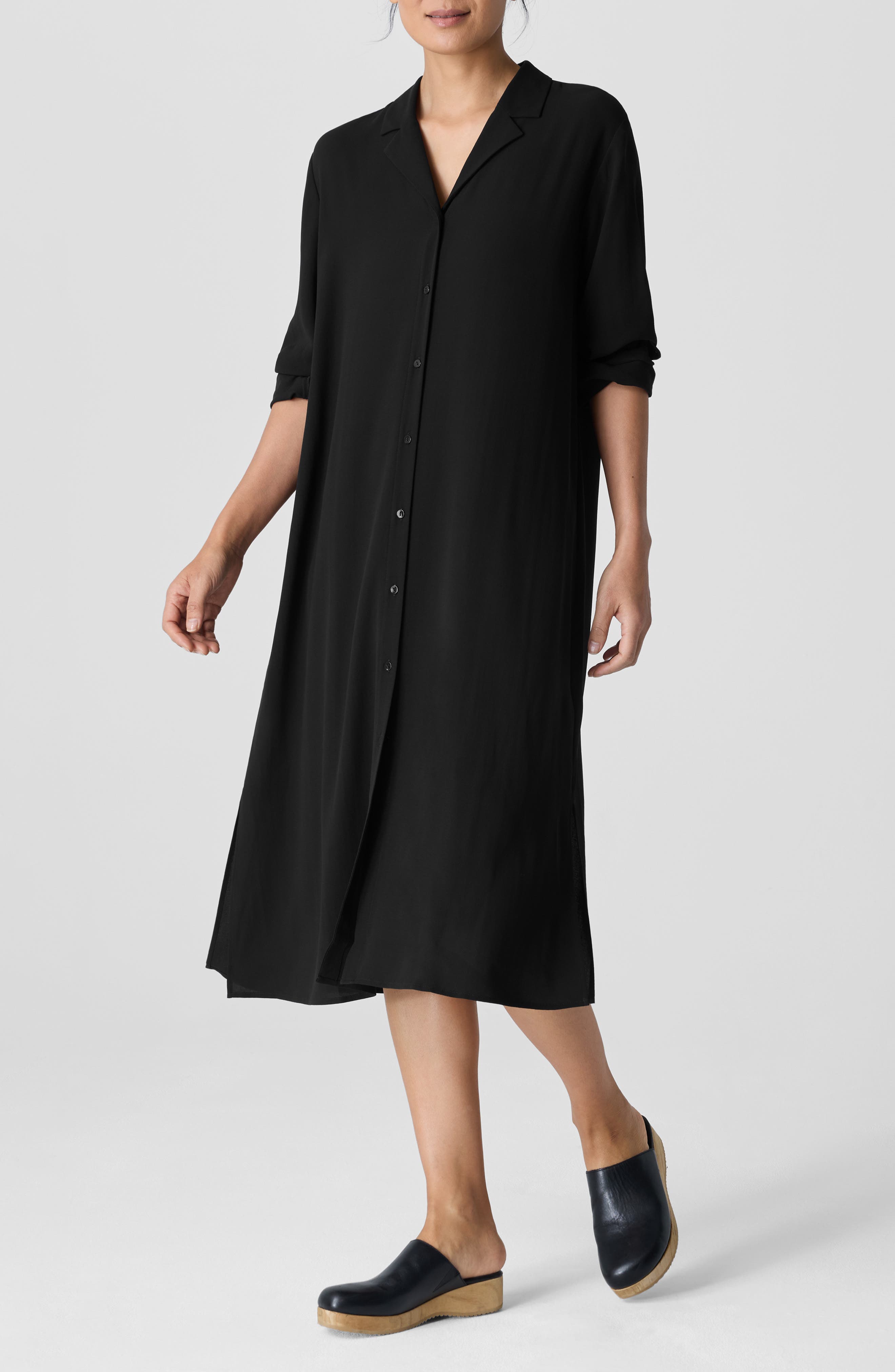 Notch Collar Long Sleeve Silk Shirtdress - image 1
