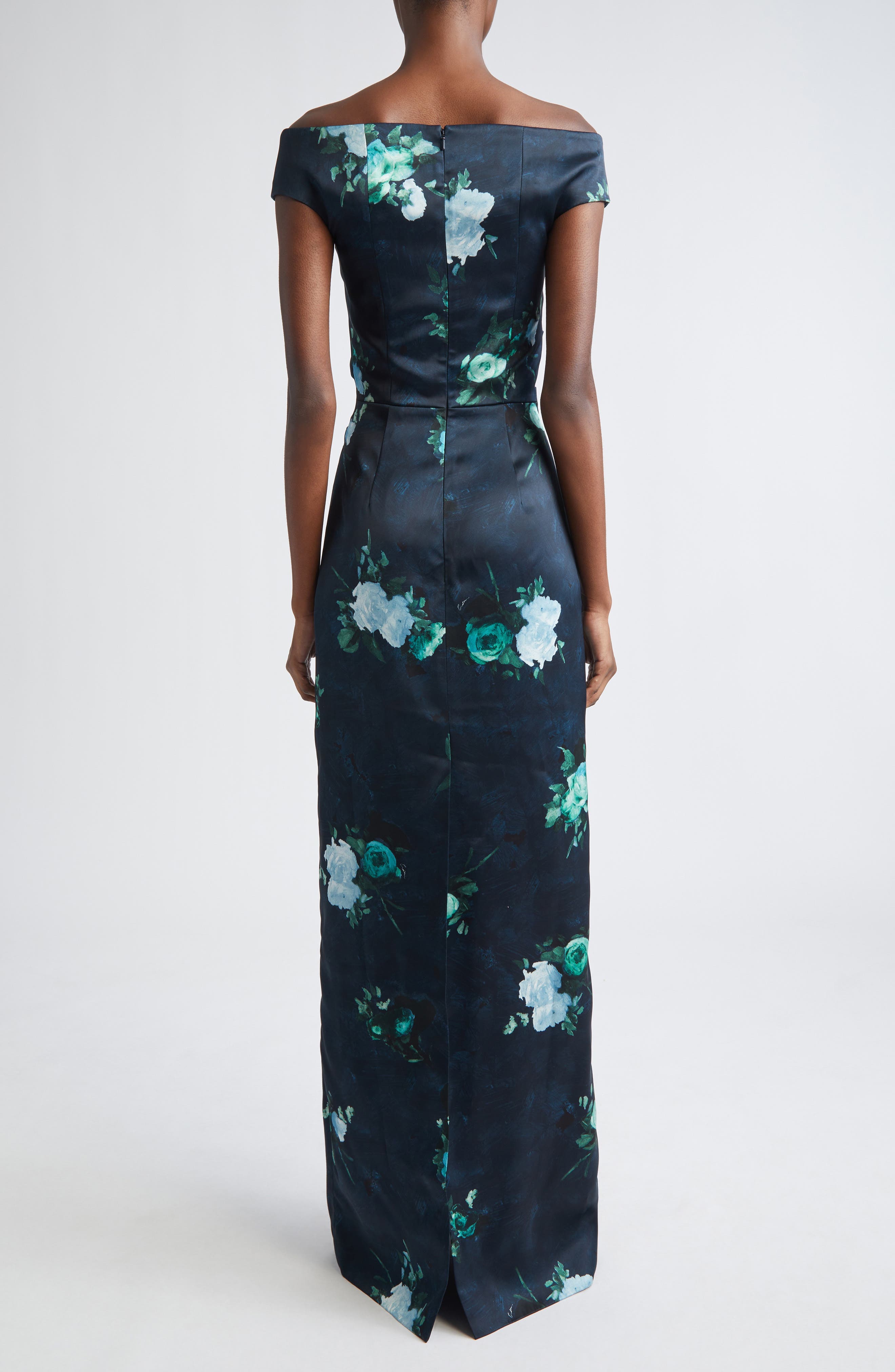 Floral Print Off The Shoulder Duchesse Satin Gown - image 2
