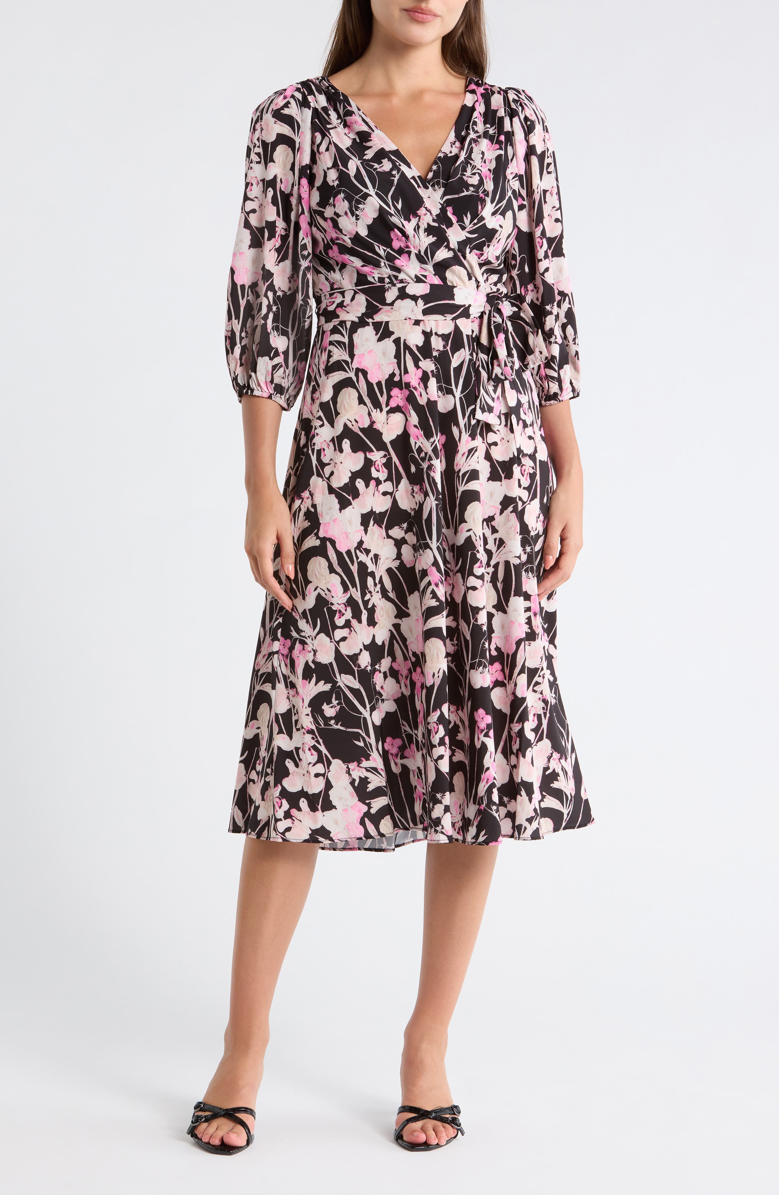 Floral Balloon Sleeve Faux Wrap Dress - image 1