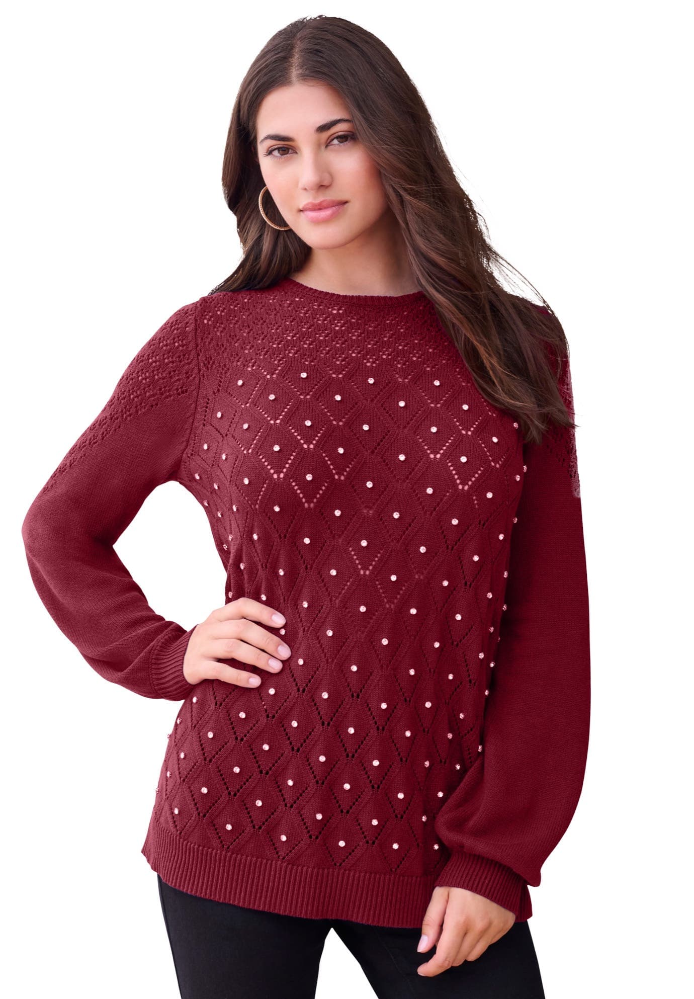 Rhinestone Pointelle Knit Sweater - image 5
