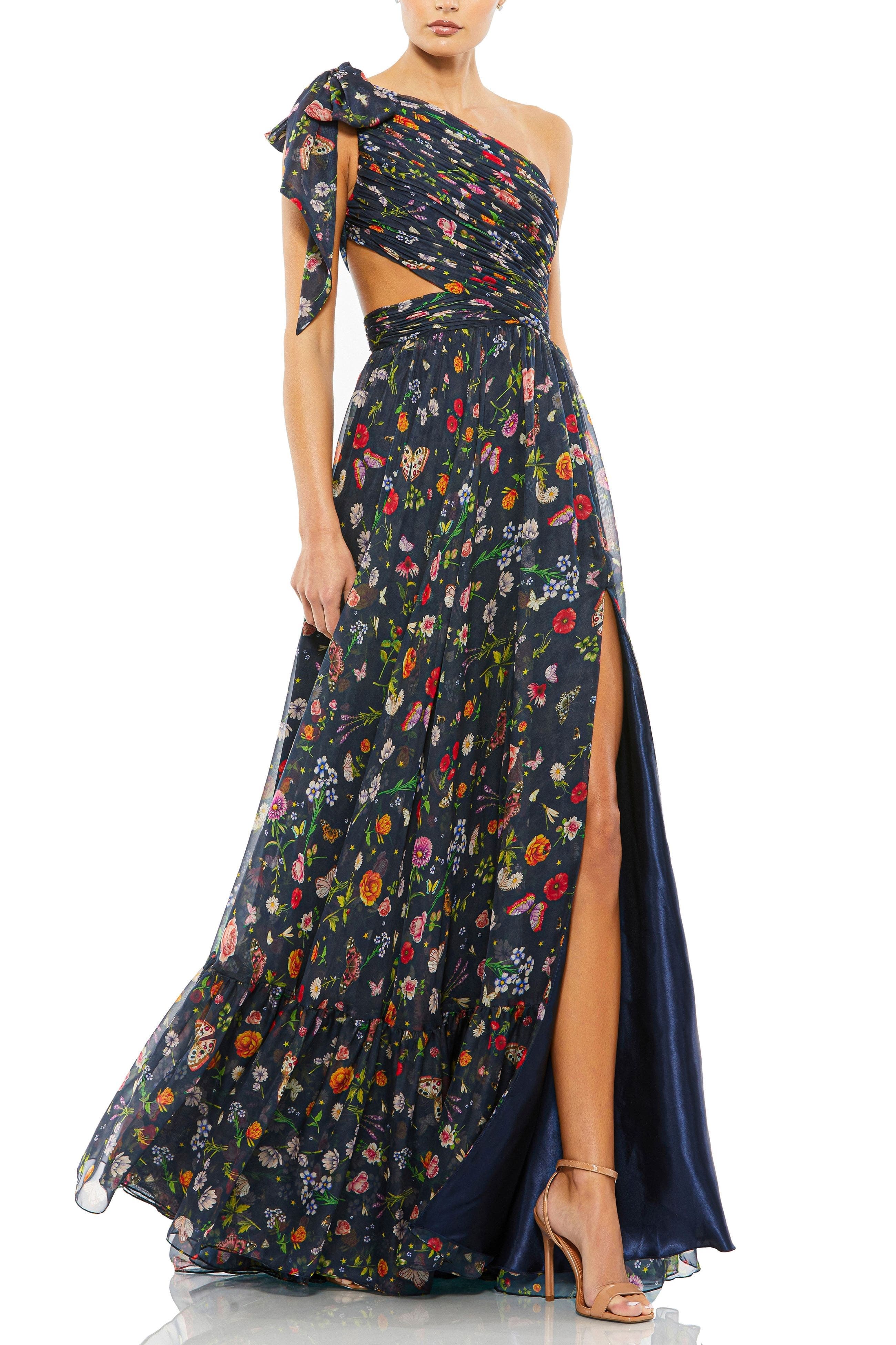 Petite Tied One Shoulder Cut-Out Flowy Gown - image 1
