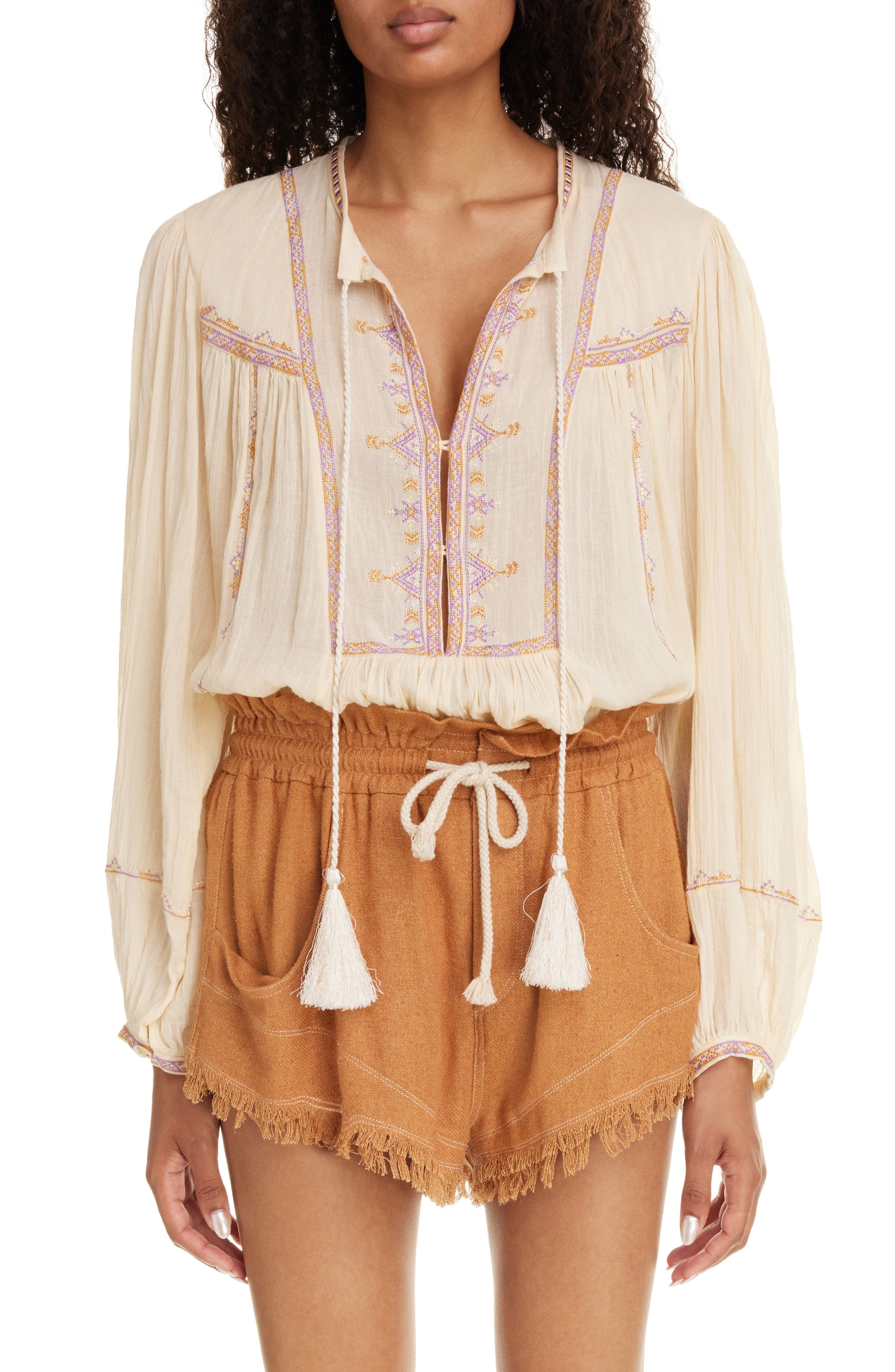 Silekia Embroidered Tassel Tie Cotton Top - image 1