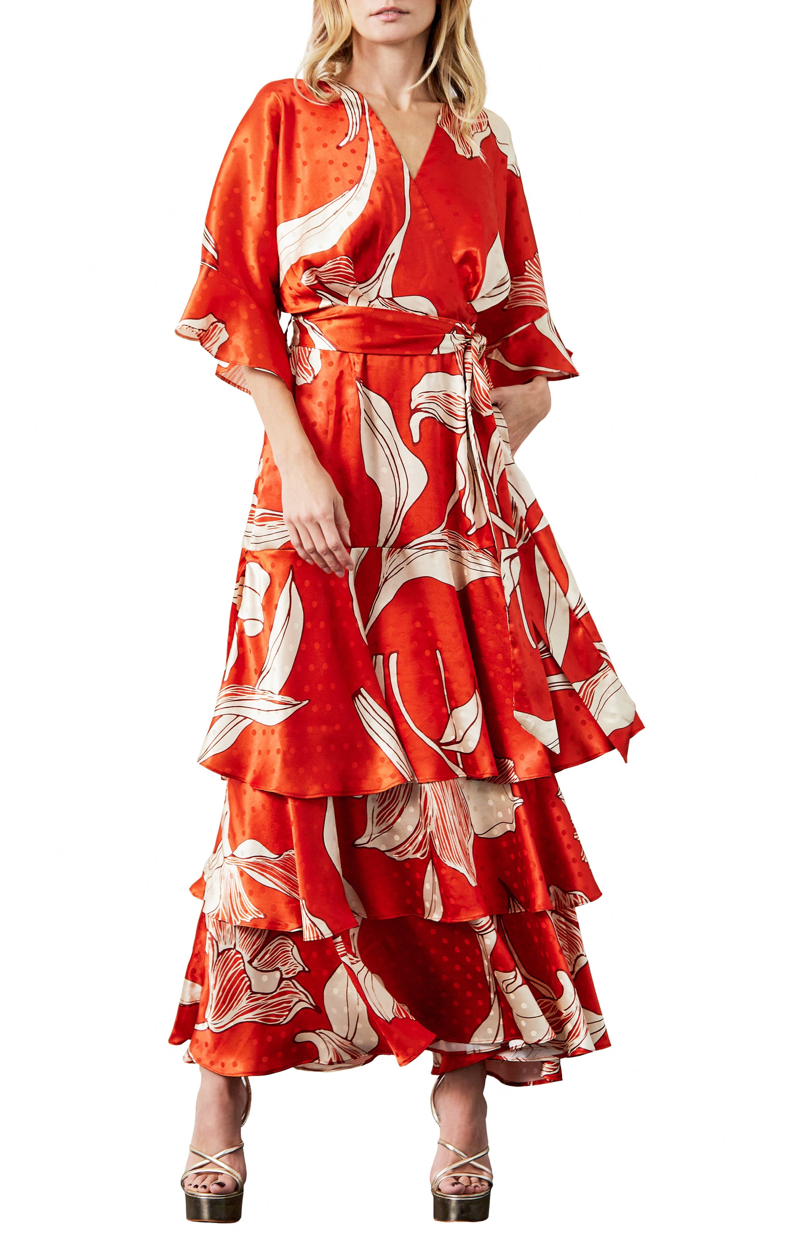 Calix Floral Dot Jacquard Tiered Satin Maxi Dress - image 1