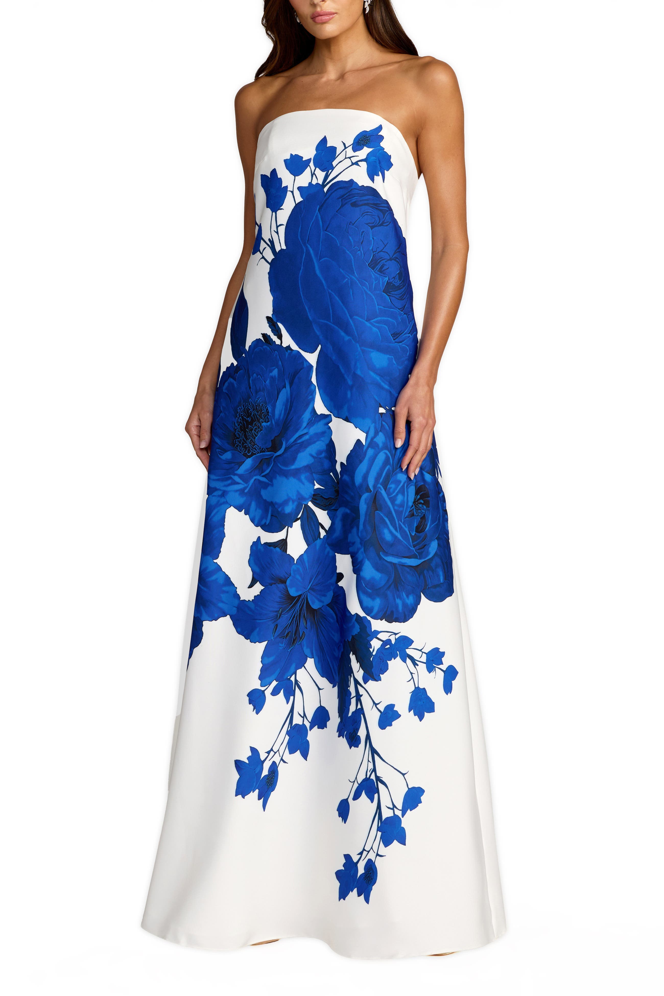 Floral Printed Crepe Strapless Trapeze Gown - image 1