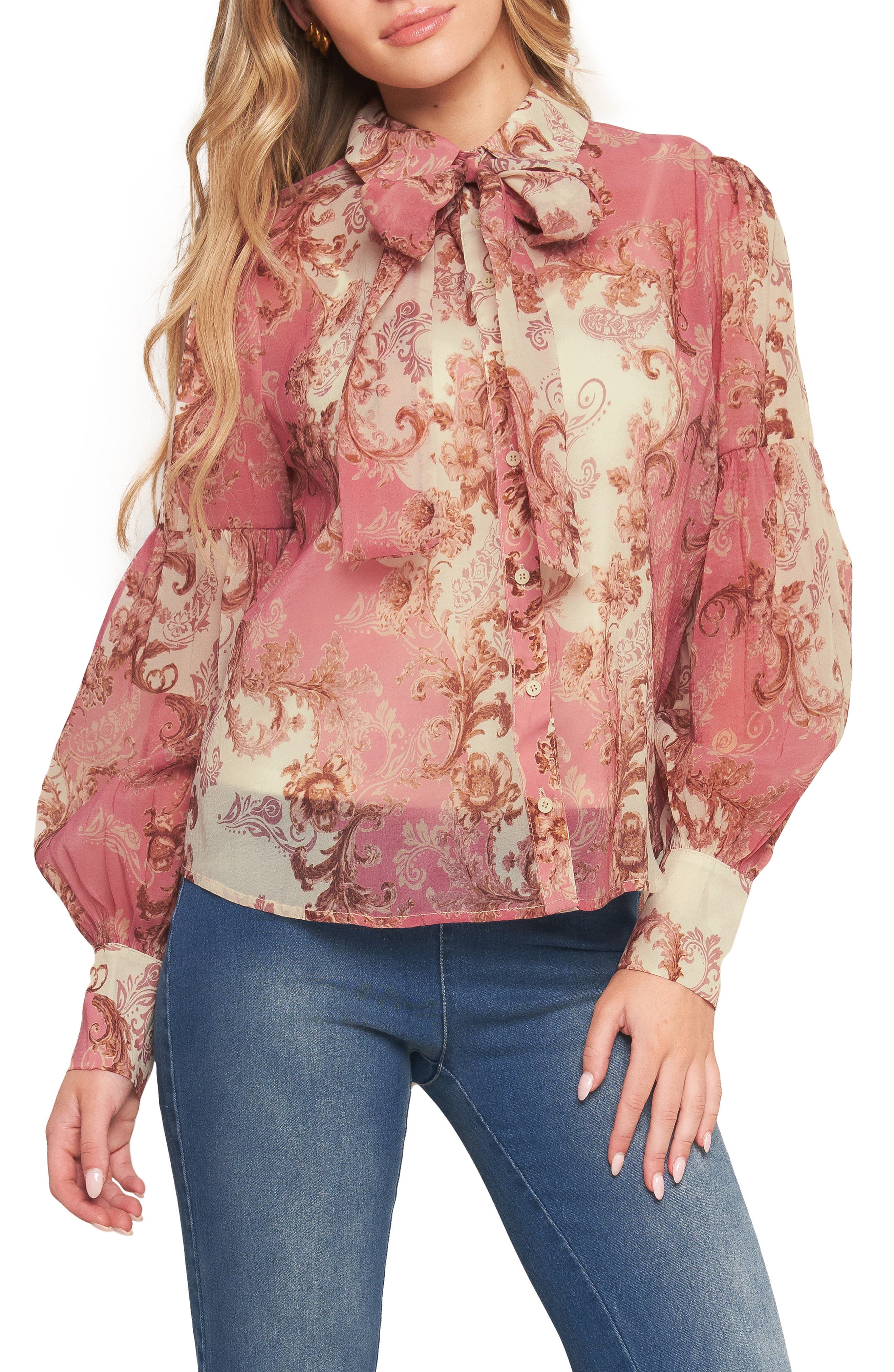 Floral Tie Neck Long Sleeve Button-Up Shirt - image 1