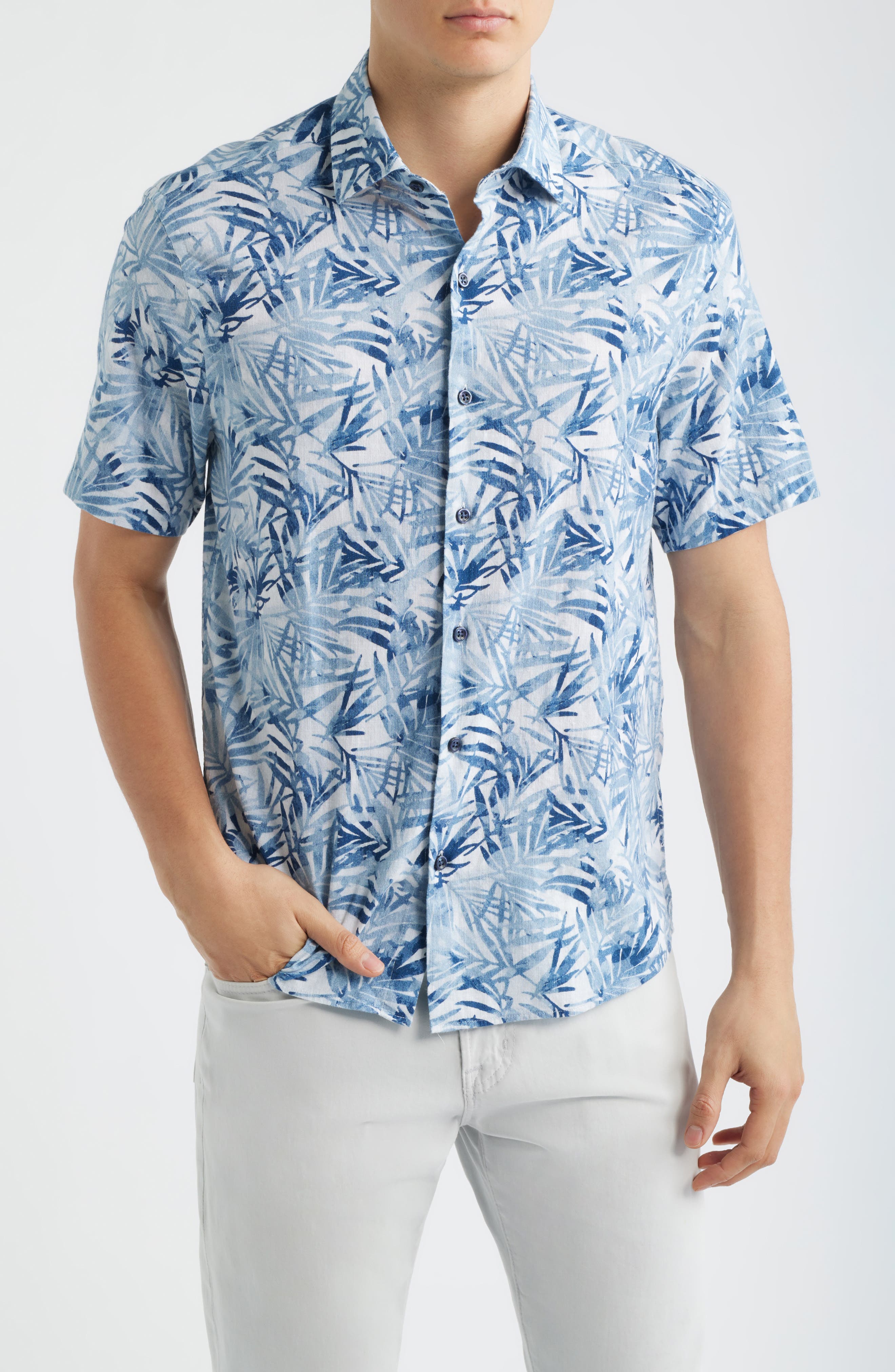 Keneth Leaf Print Short Sleeve Stretch Cotton Button-Up Shirt - image 1