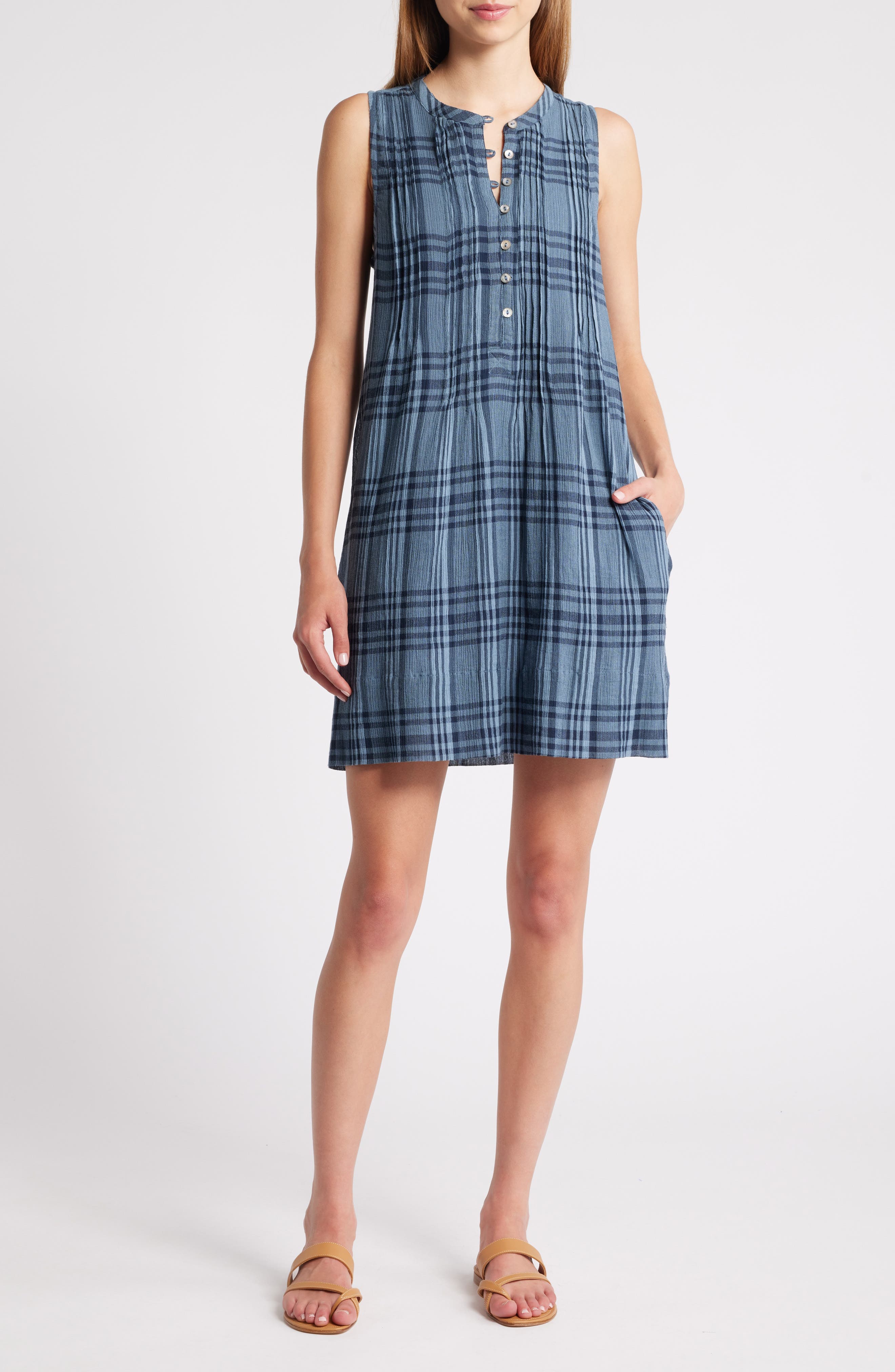 Isha Plaid Pintuck Organic Cotton Minidress - image 1