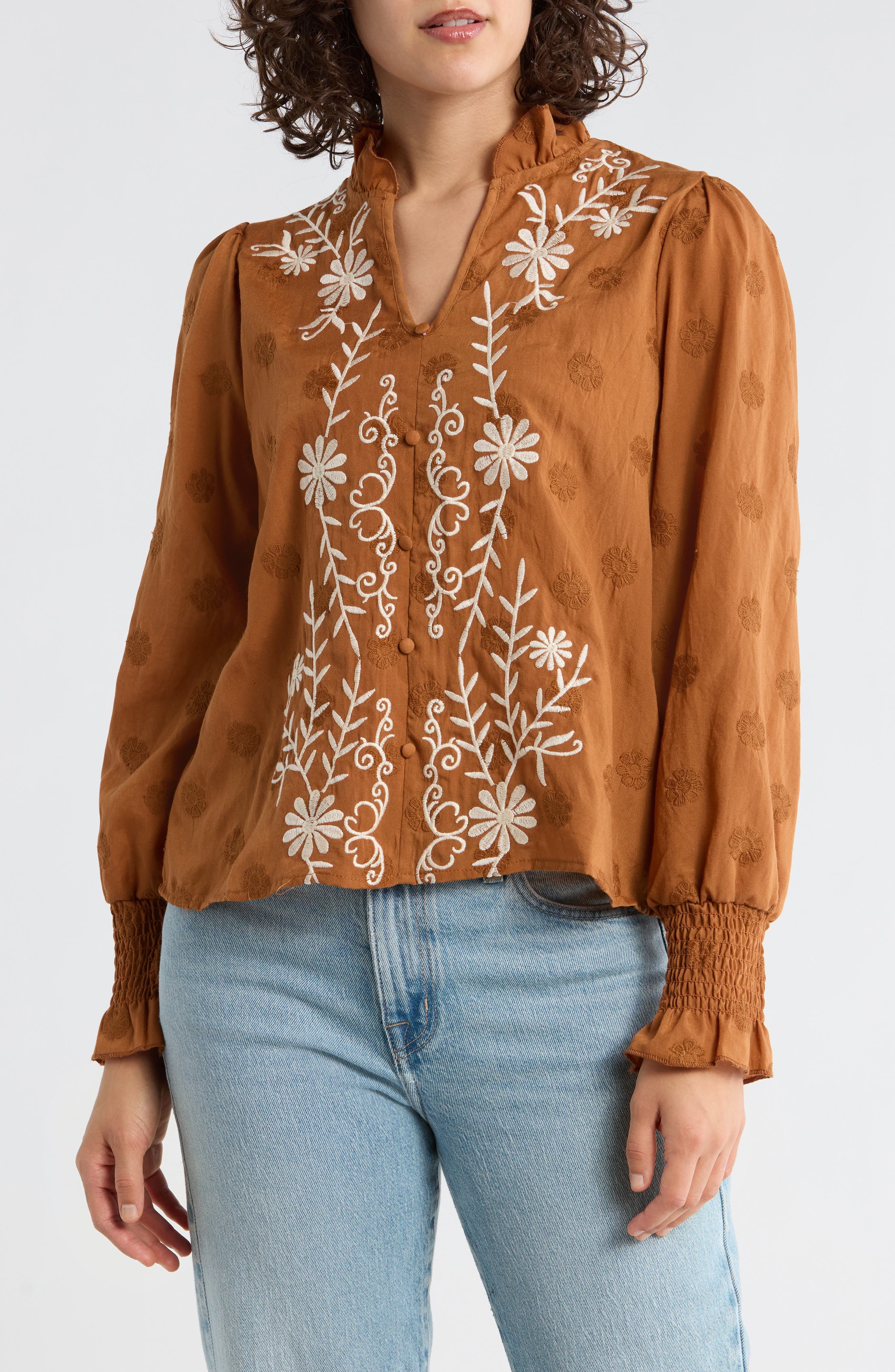 Floral Embroidered Smocked Cuff Top - image 1