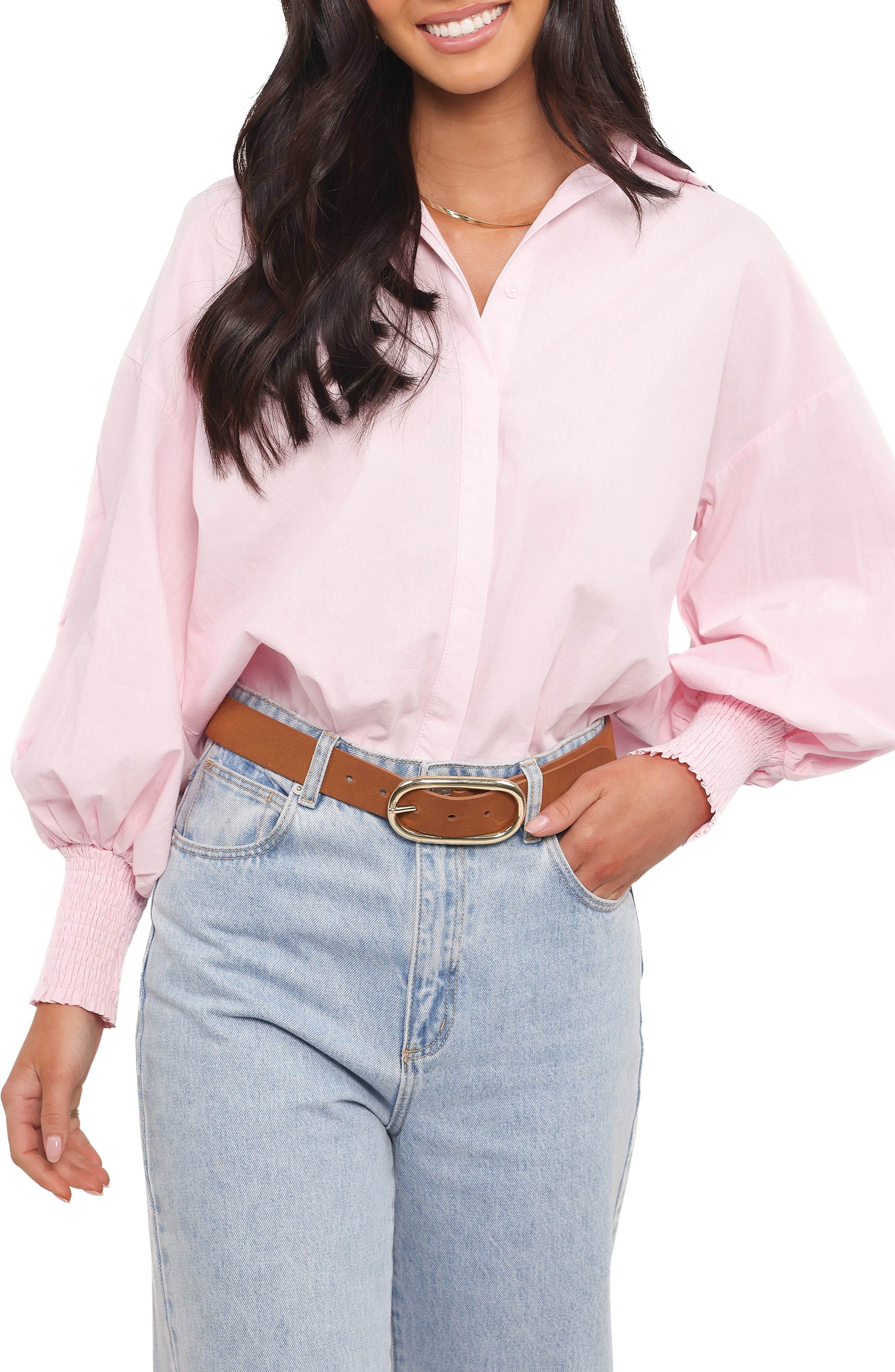 Carys Smocked Cuff Cotton Poplin Button-Up Shirt - image 1