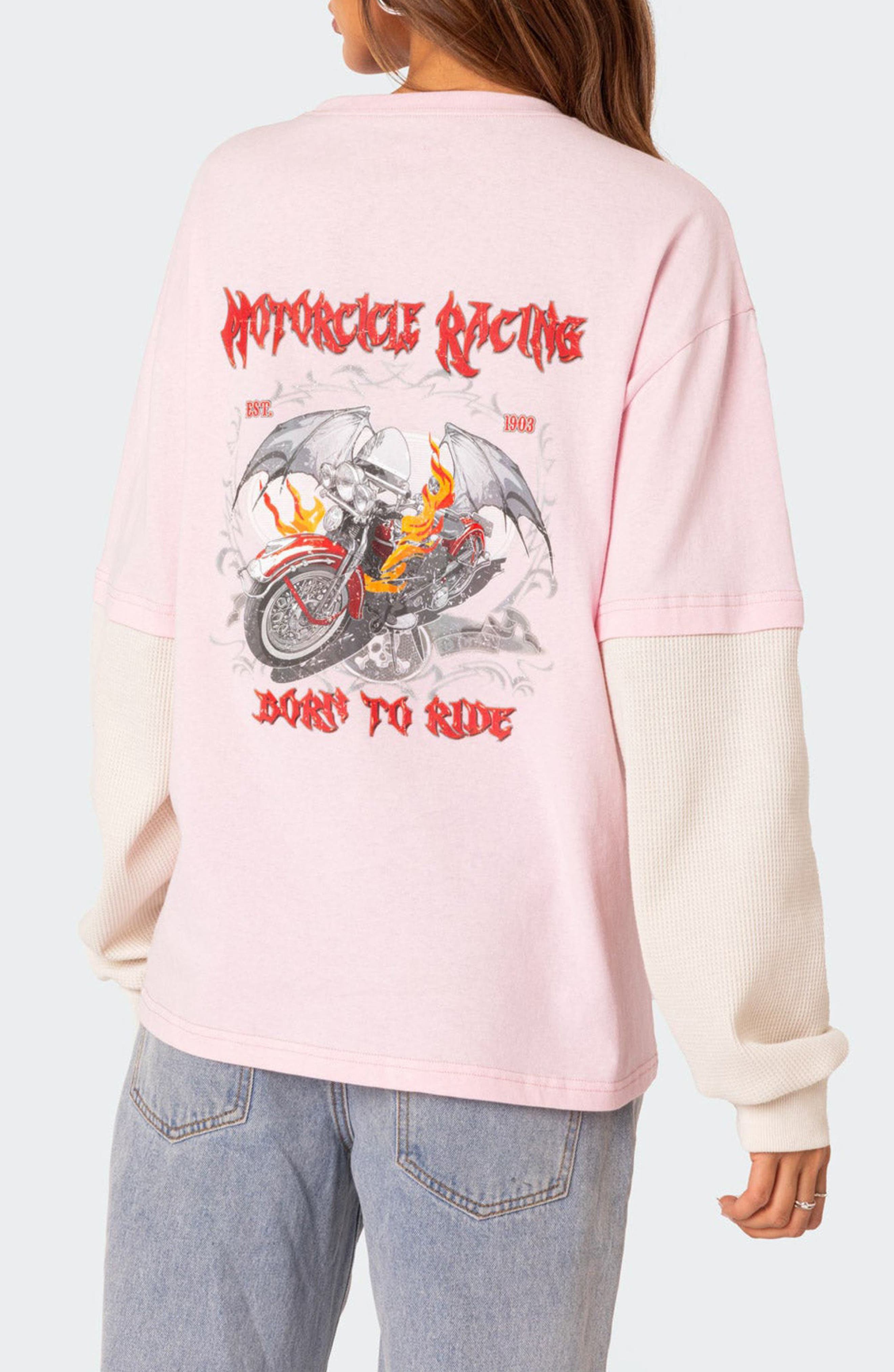 Racing Oversize Mixed Media Long Sleeve Cotton Graphic T-Shirt - image 2
