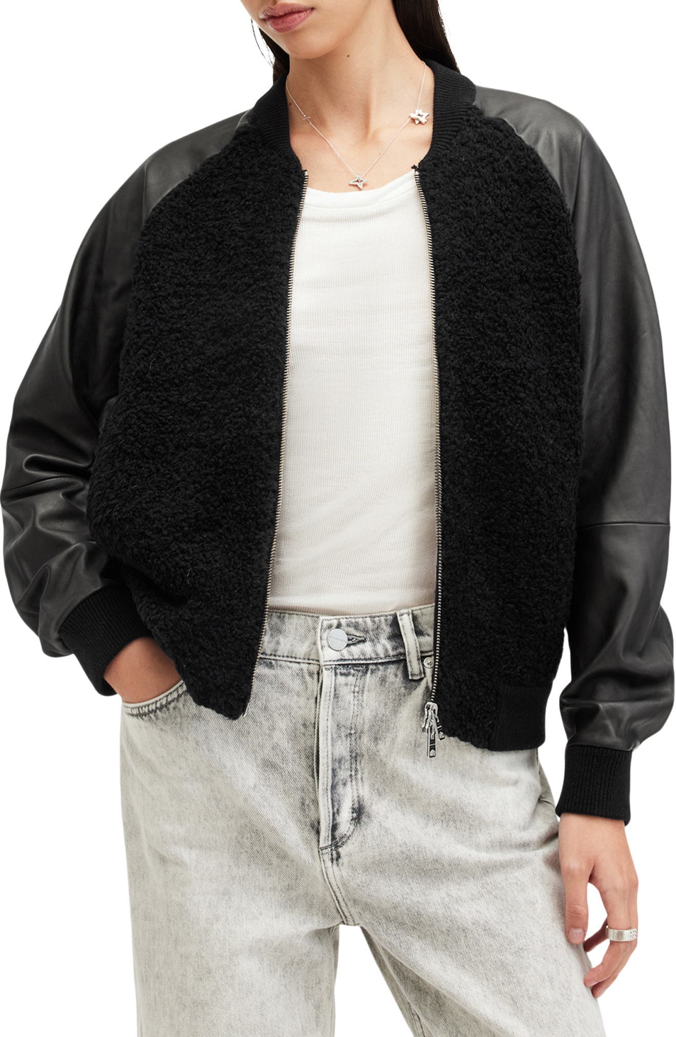 Renata Leather Sleeve Wool Blend Bomber Cardigan - image 1