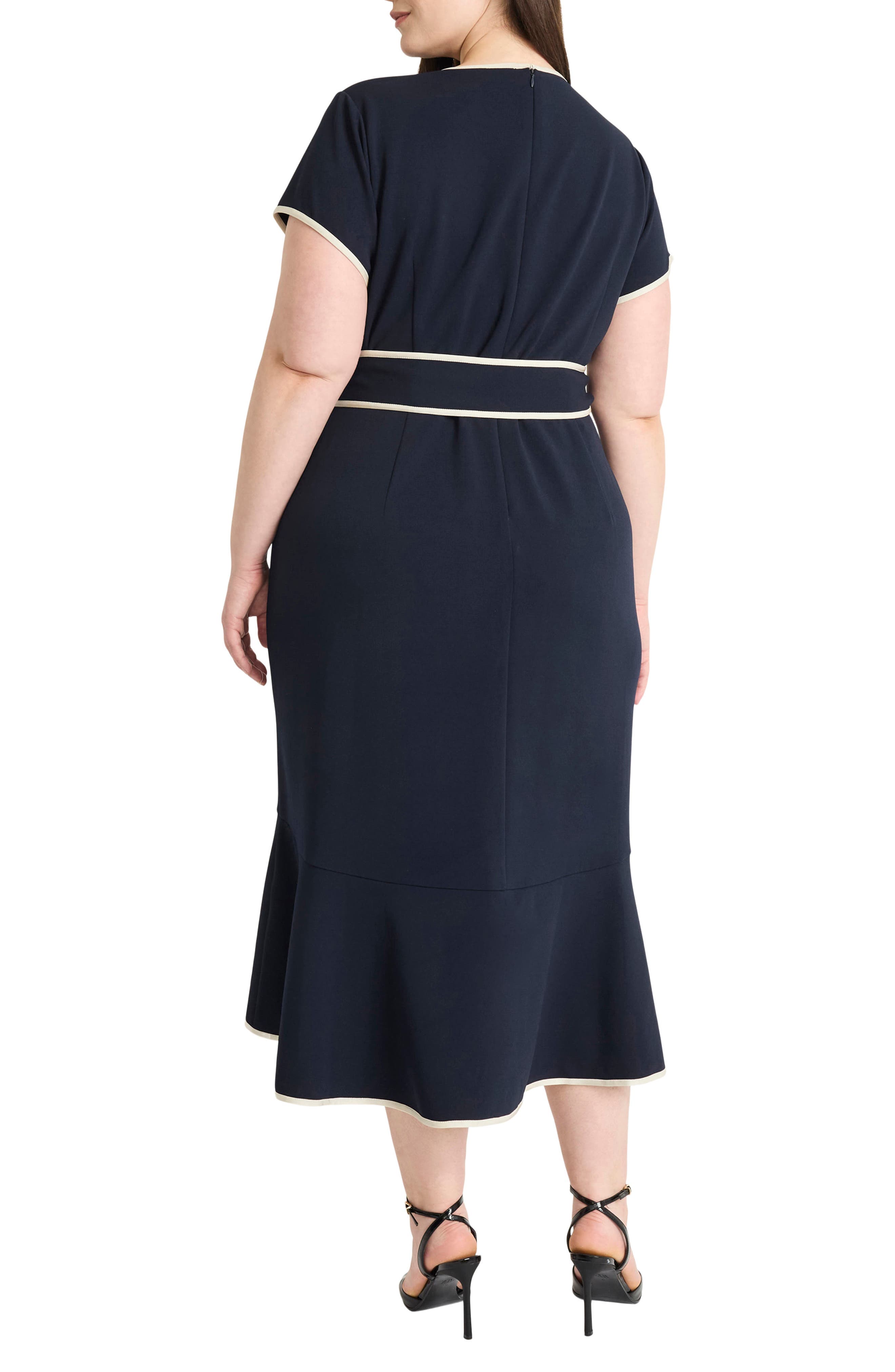 Contrast Trim Short Sleeve Faux Wrap Dress - image 2