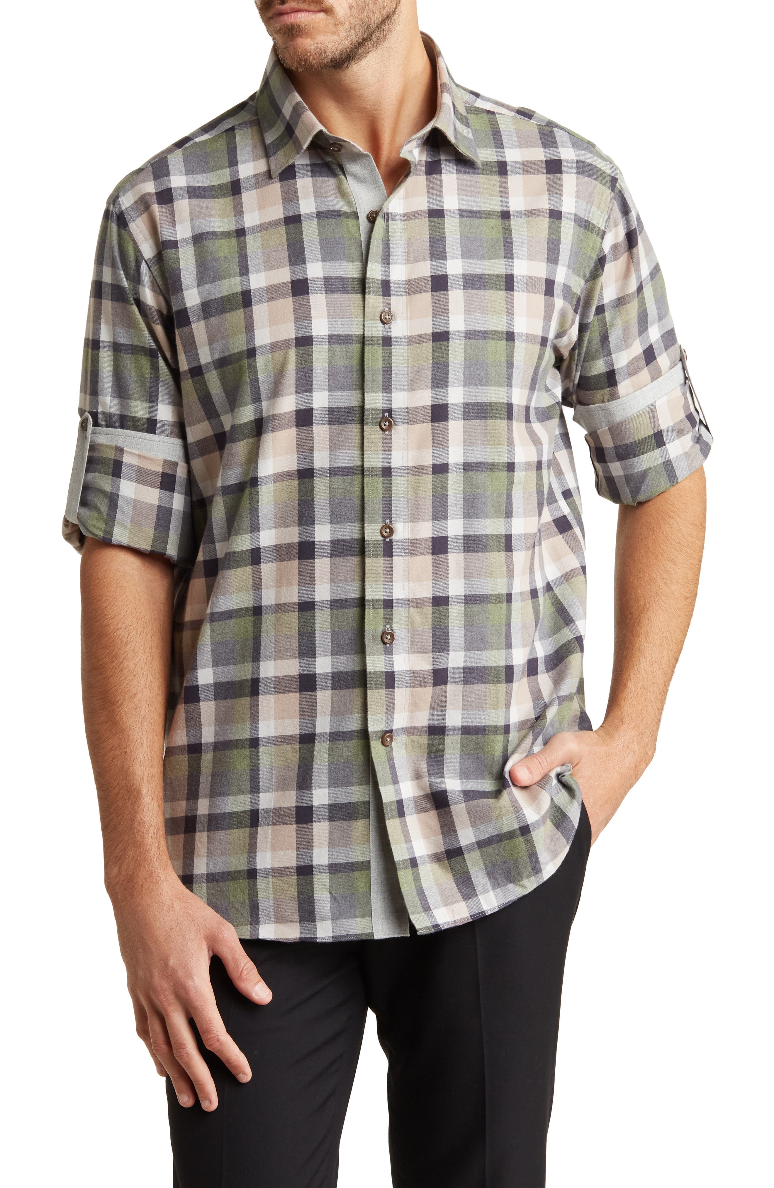 Check Print Trim Fit Long Sleeve Cotton Flannel Button-Up Shirt - image 1